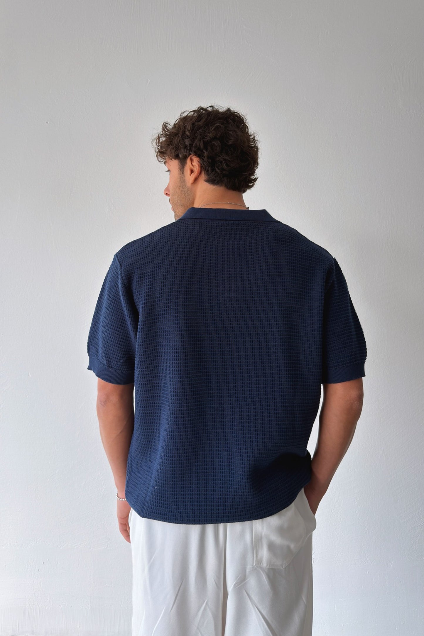 Openwork Patterned Knit Polo Shirt Navy Blue