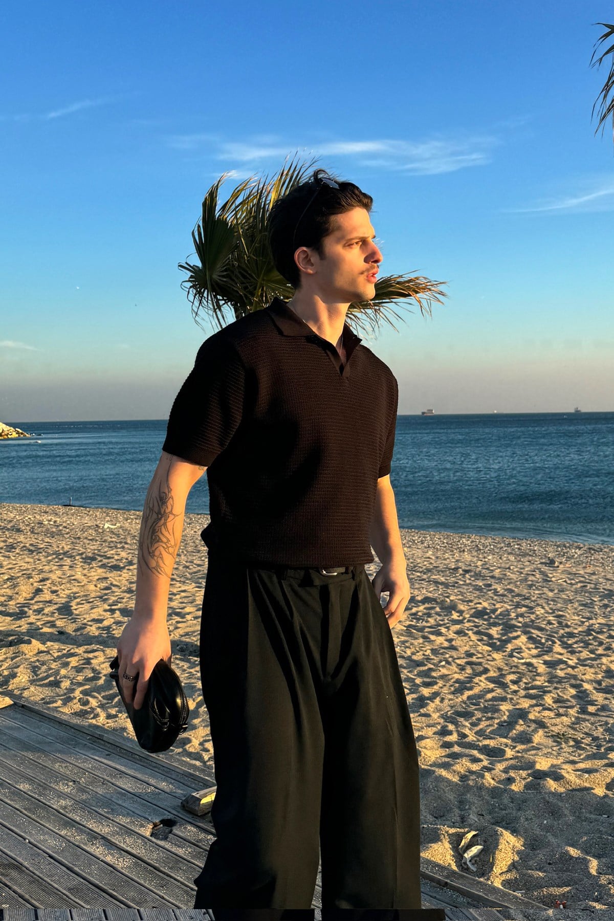 Openwork Patterned Knit Polo Shirt, Black
