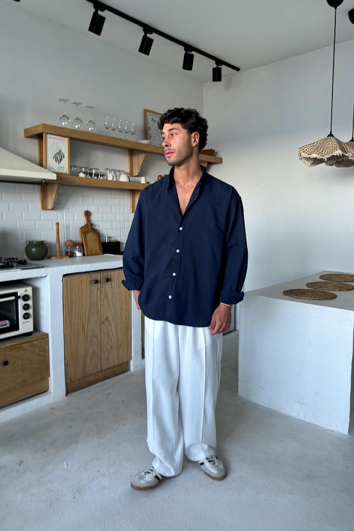 Basic Linen Shirt Navy Blue