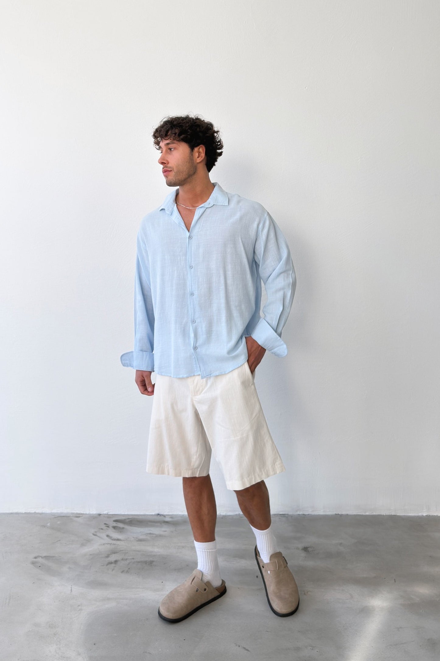 Basic Oversize Blue Raw Linen Shirt
