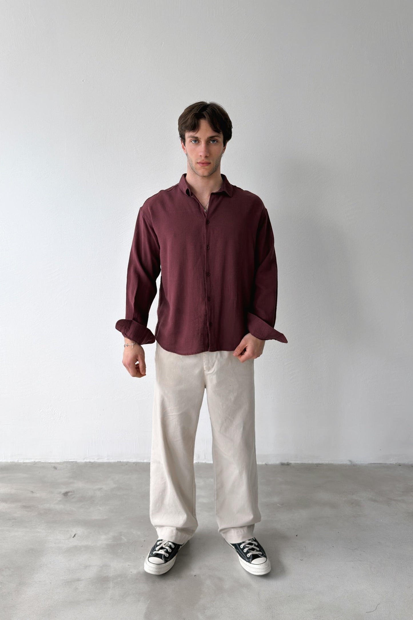 Basic Oversize Burgundy Raw Linen Shirt