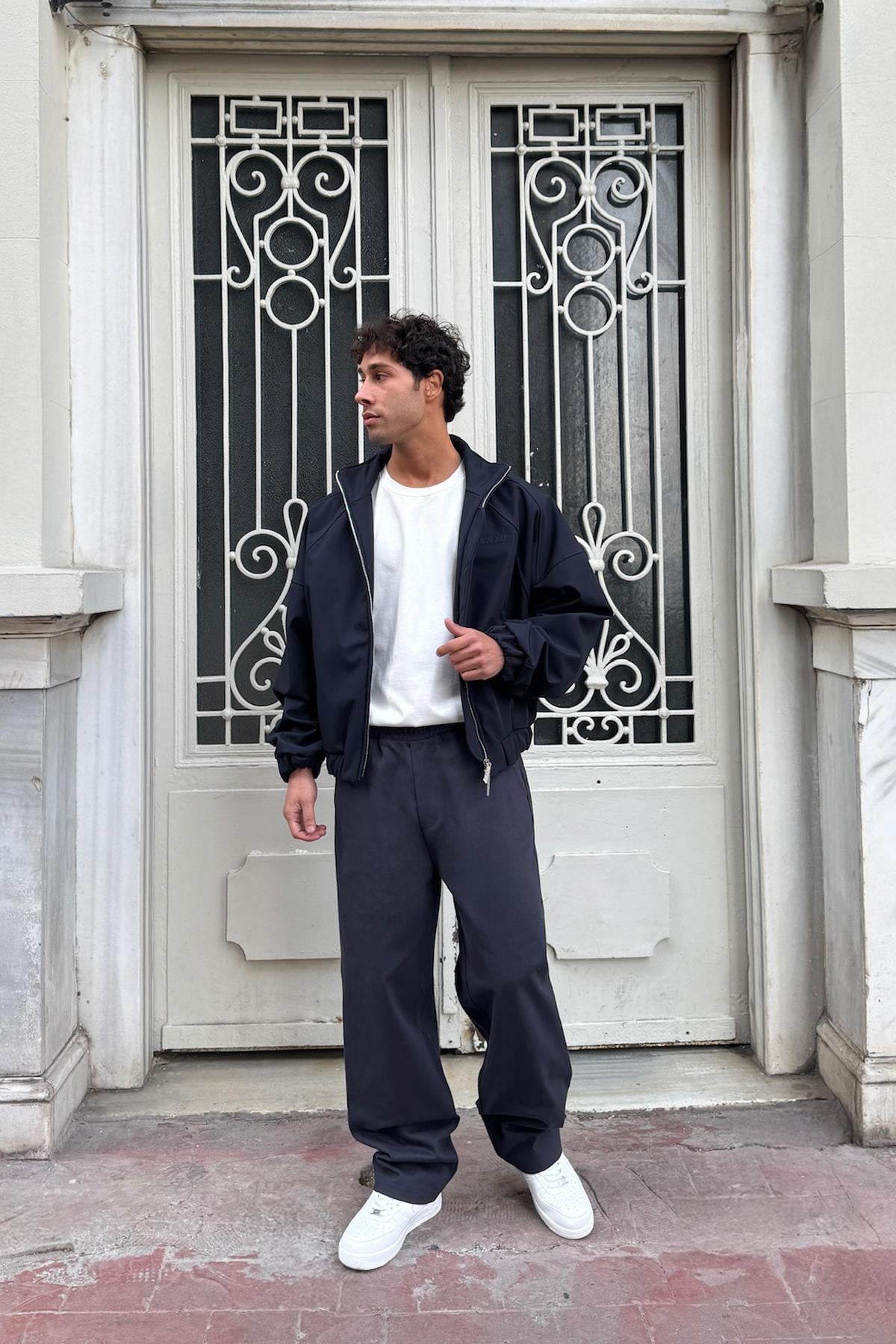 Baggy Gabardine Trousers with Elastic Waistband, Smoke Grey