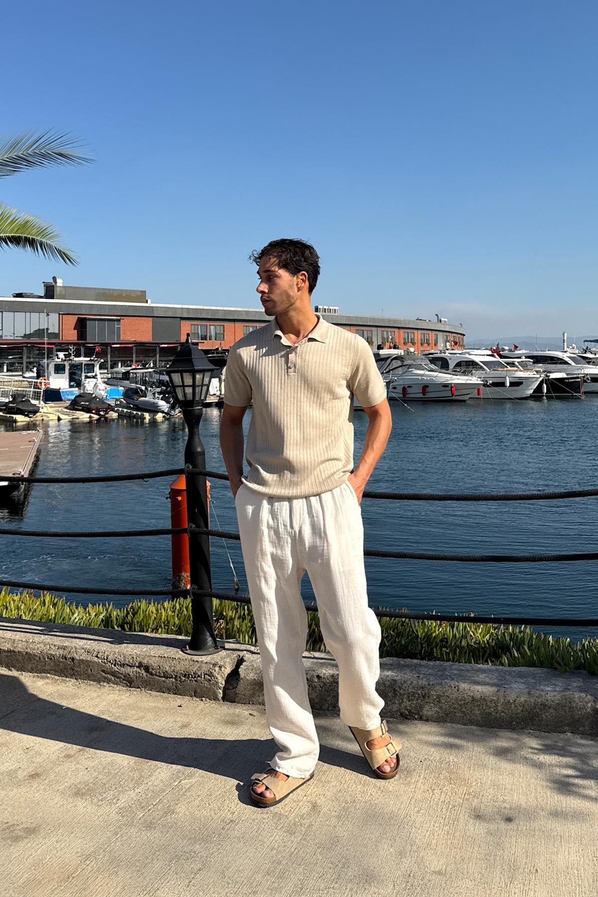 Comfortable Baggy Pants with Elastic Waistband, Beige