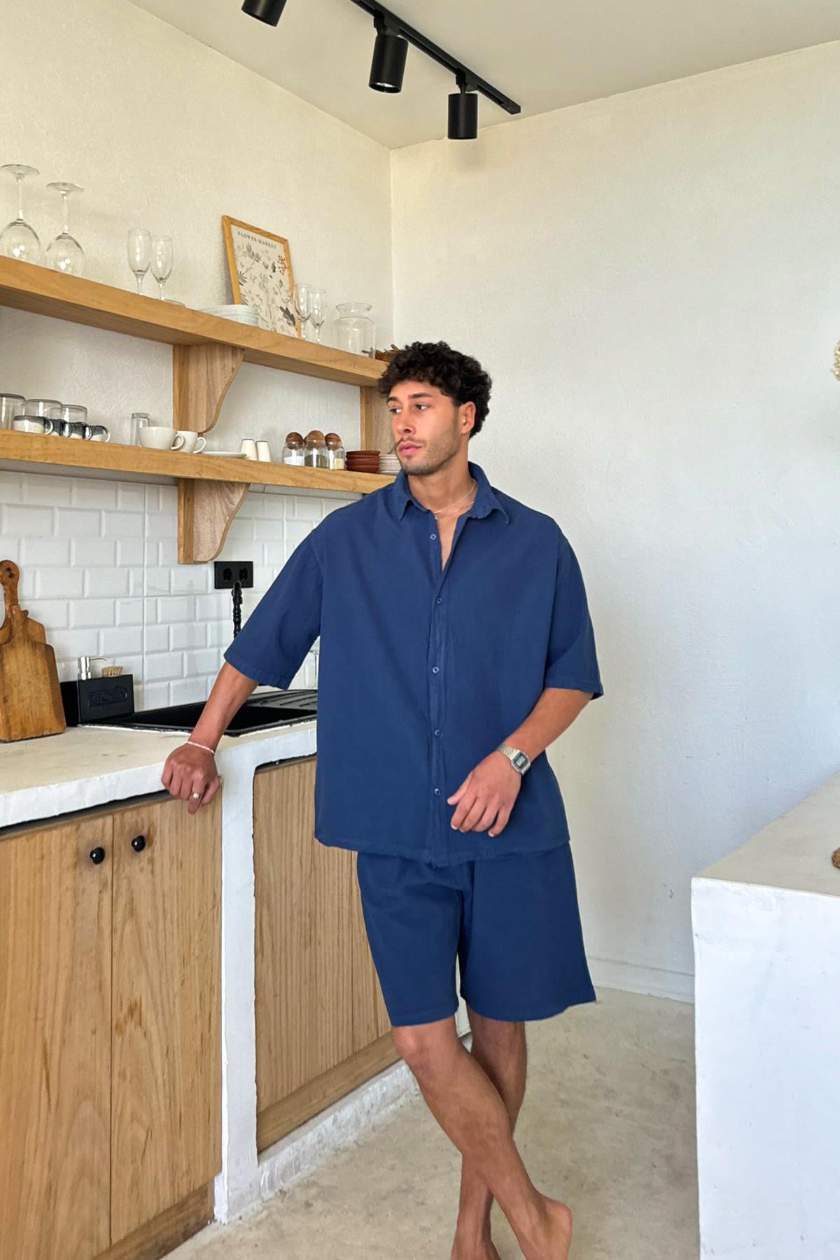 Navy Linen Shorts with Elastic Waistband
