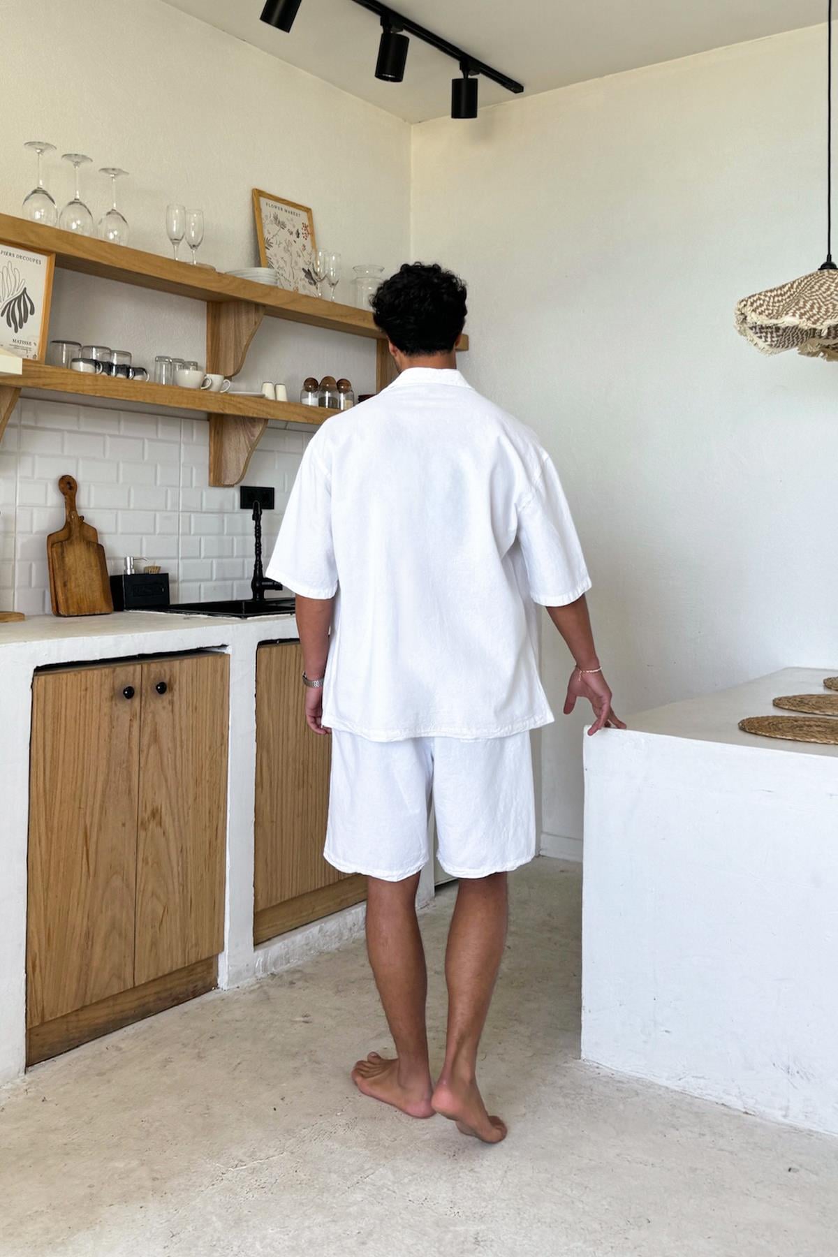 White Linen Shorts with Elastic Waistband