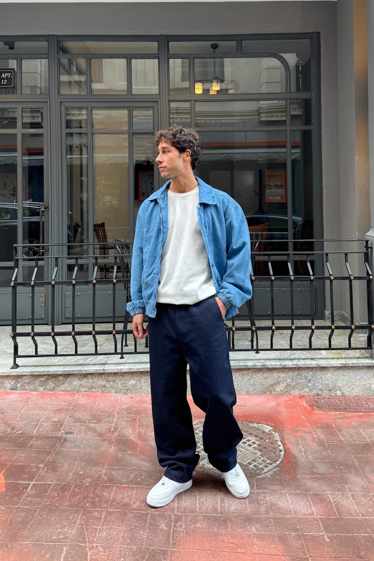Navy Blue Baggy Gabardine Trousers with Elastic Waistband