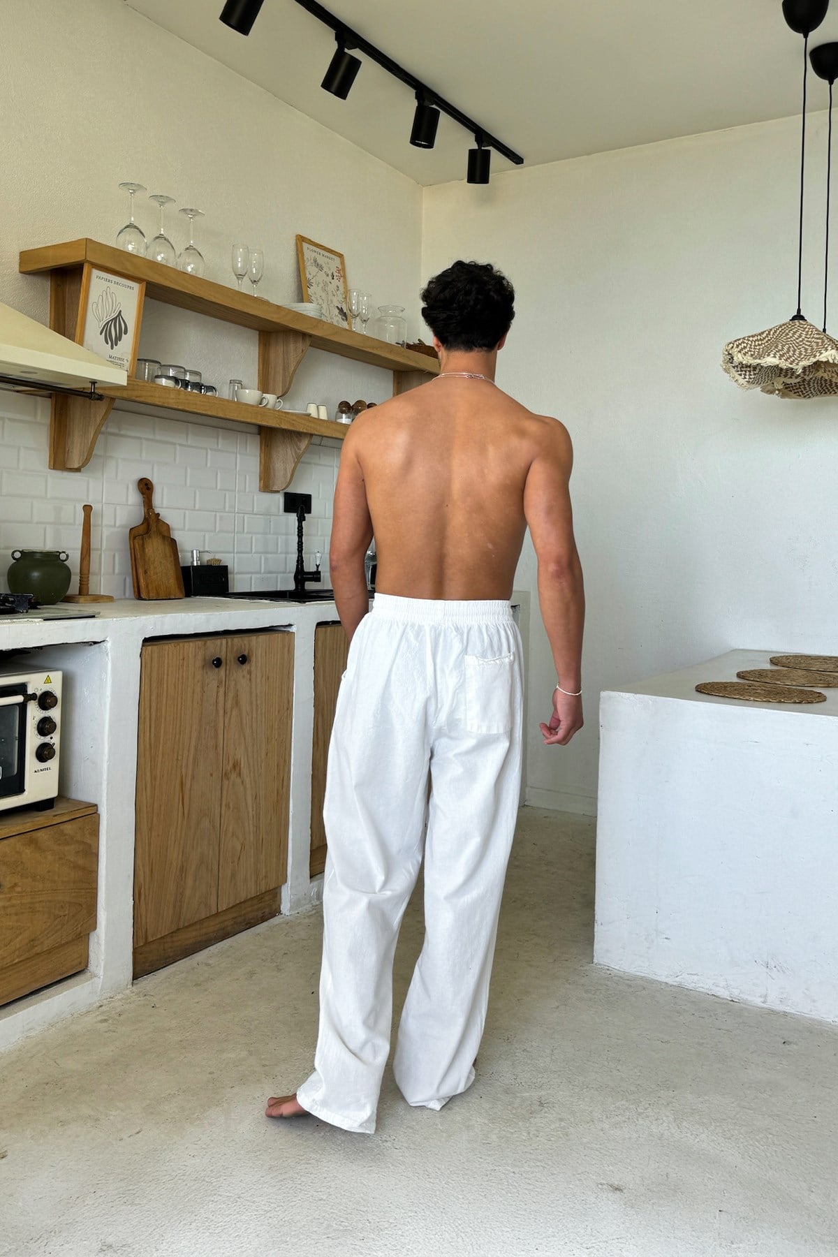 Relaxed Fit Linen Trousers with Elastic Waistband, White