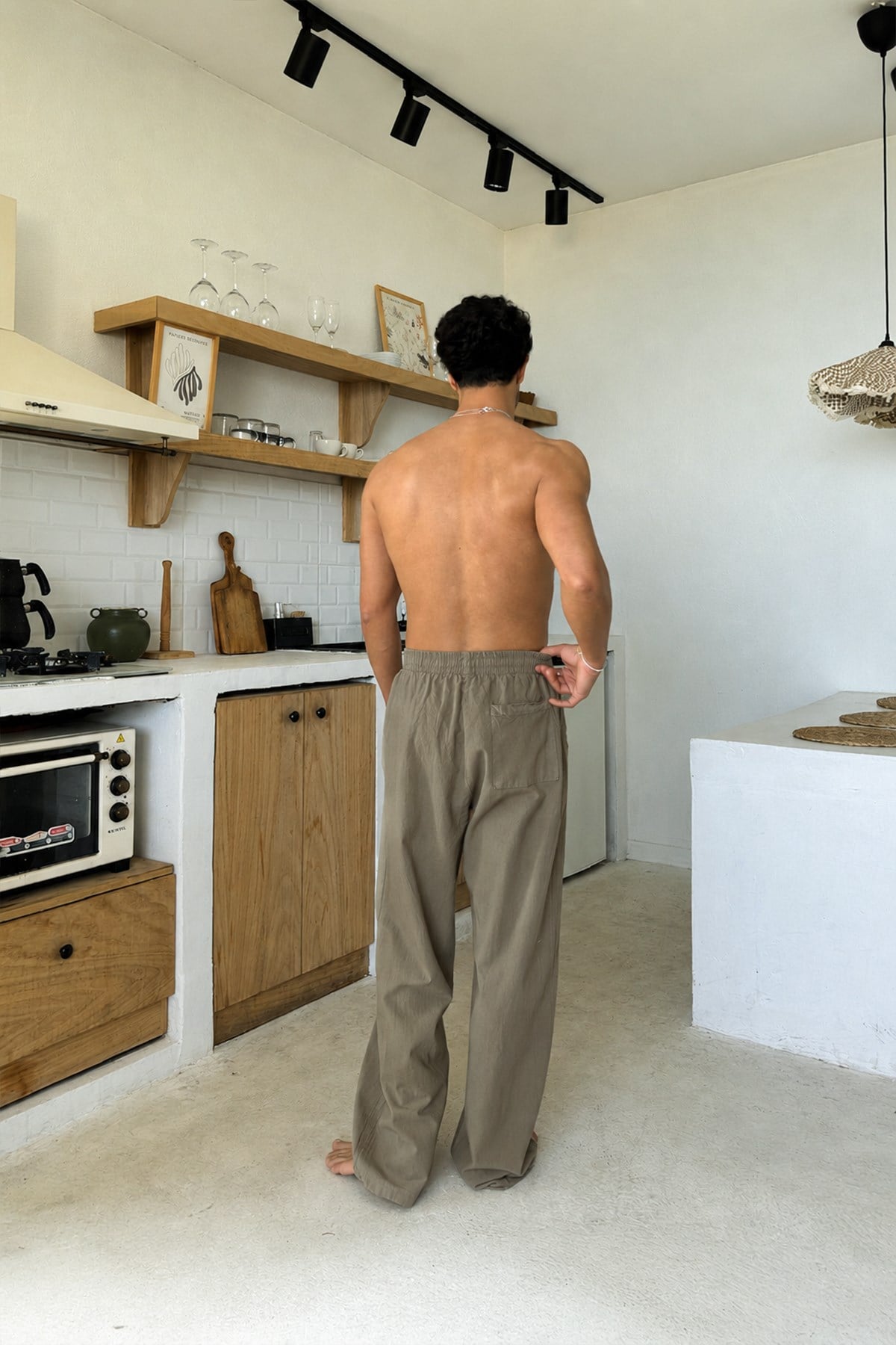 Relaxed Fit Linen Trousers with Elastic Waistband, Khaki