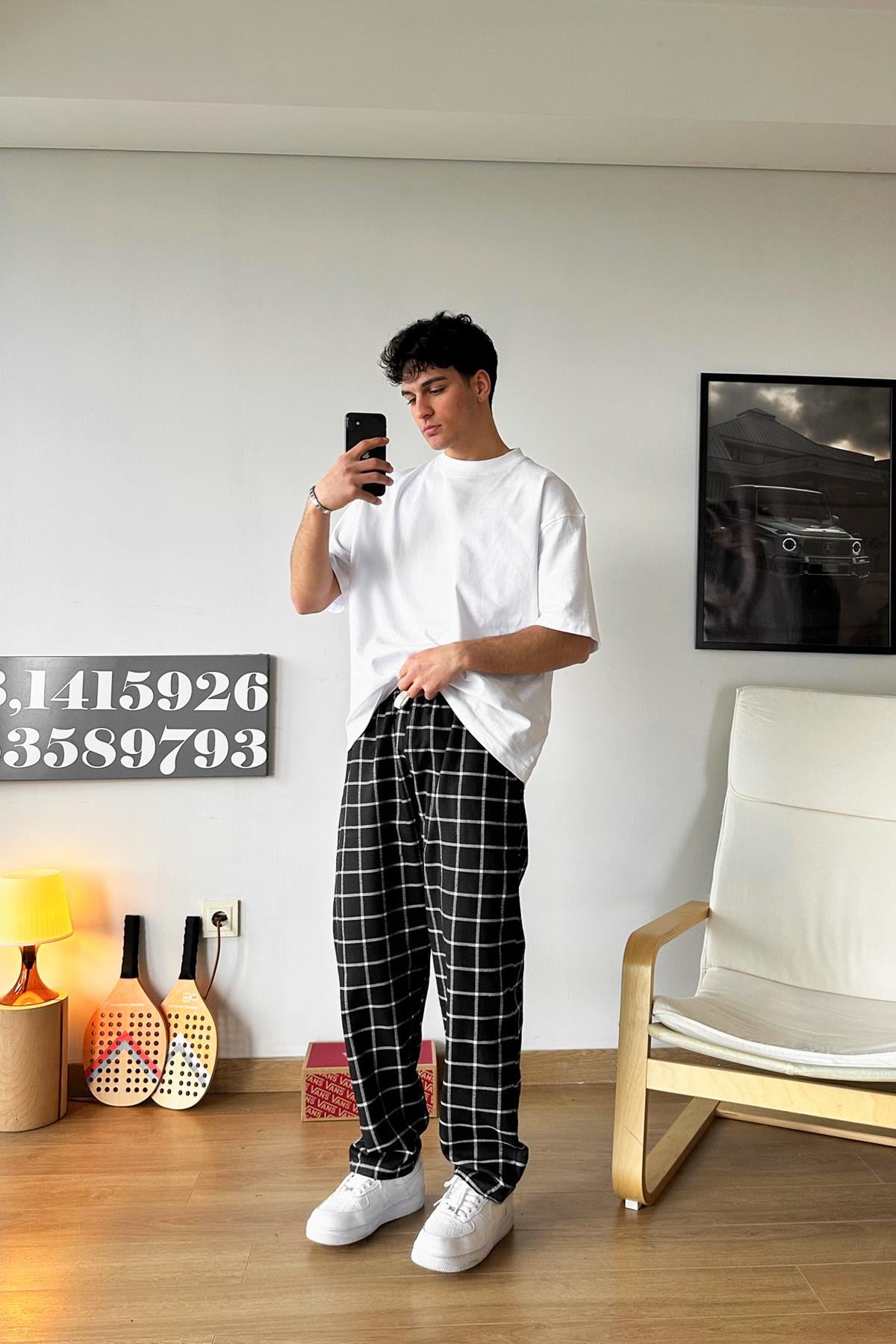 Black Plaid Pajamas with Elastic Waist