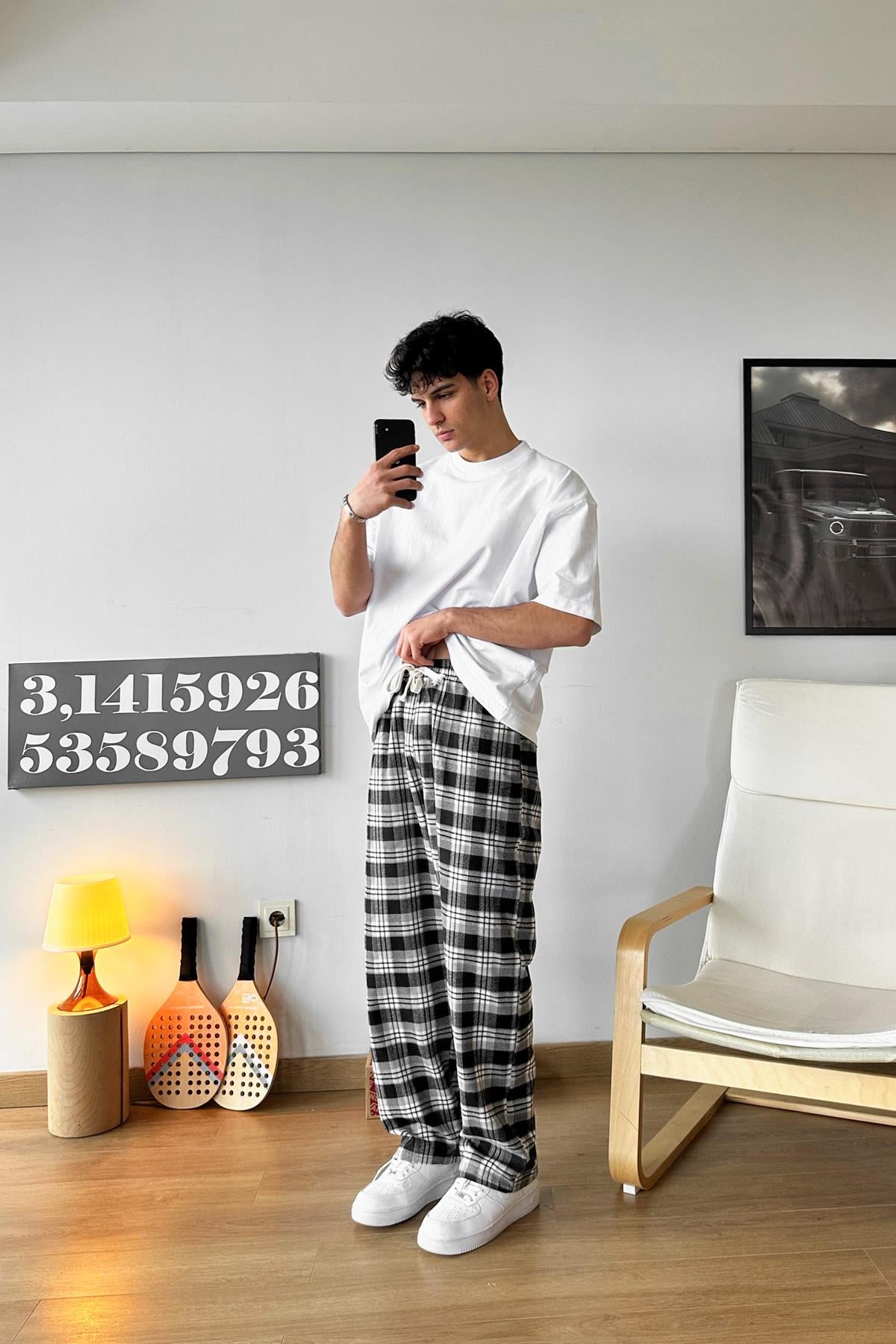 Grey Plaid Pajamas with Elastic Waistband