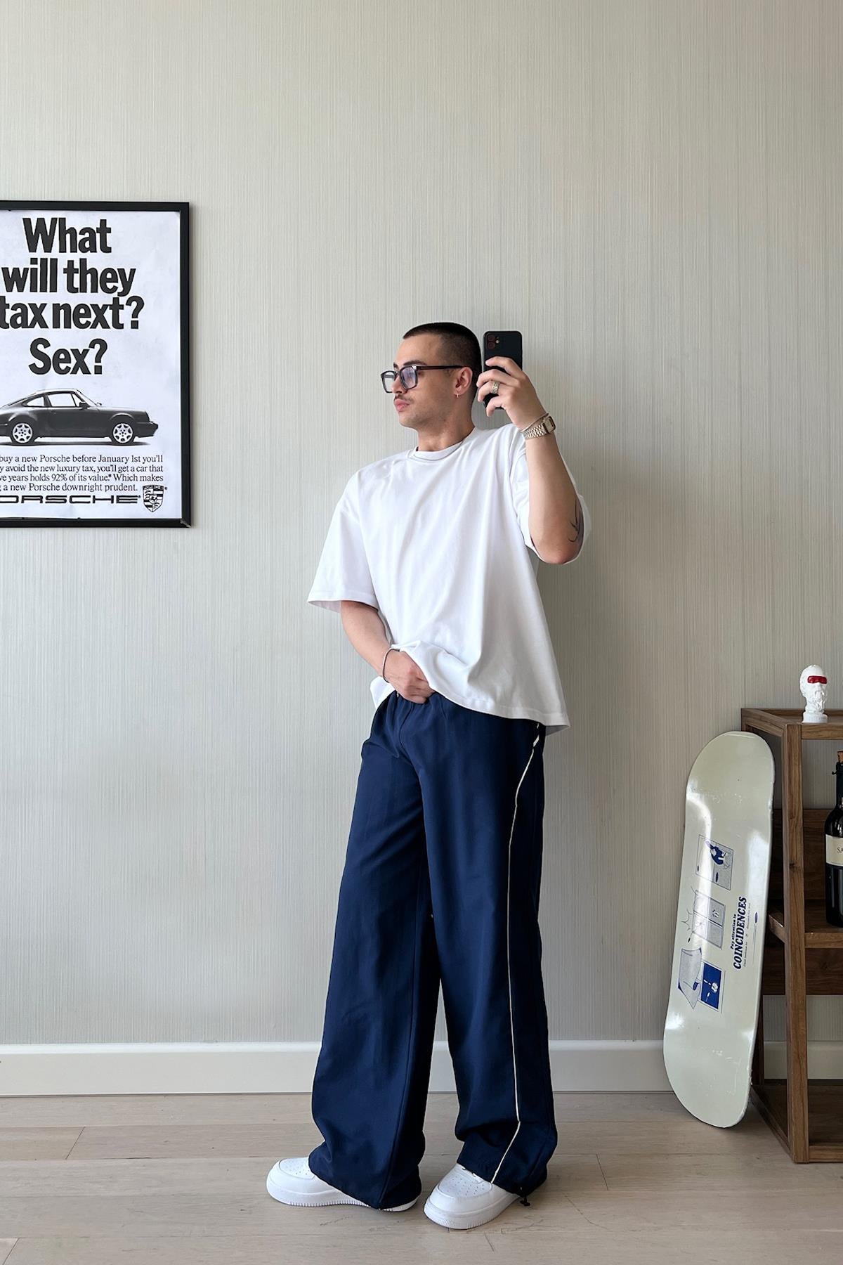 Navy Blue Sweatpants with Piping Trim