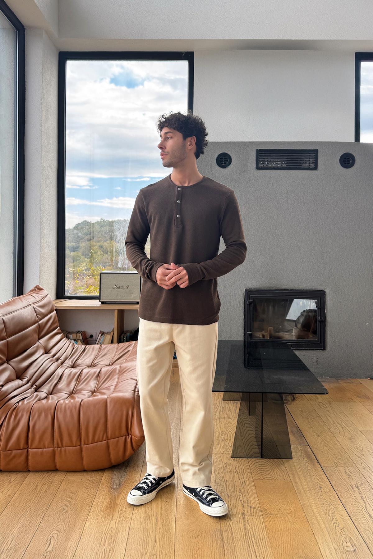 Snap Button Oversize Long Sleeve T-Shirt Brown