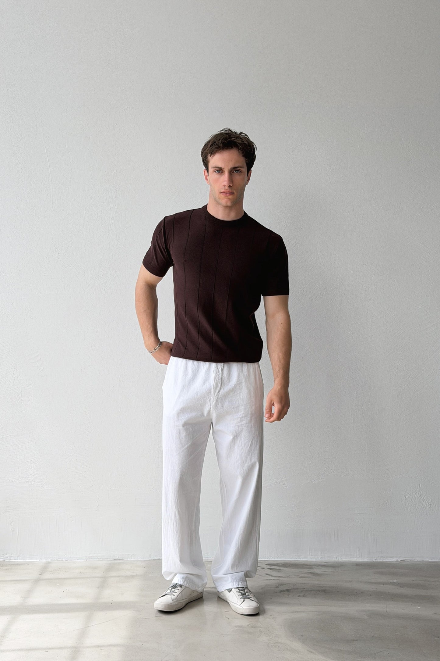 Striped Pattern Coffee Knit T-shirt