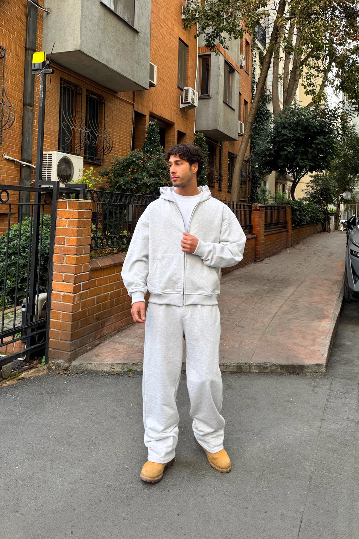 Diagonal Premium Fabric Sweatpants with Elastic Waistband, Snow Melange
