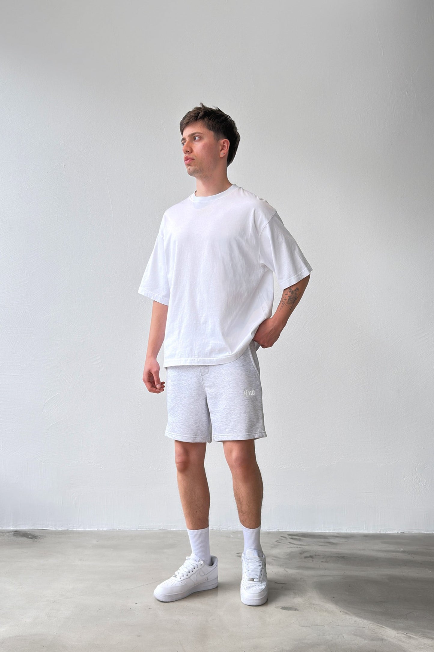 Flaw Embroidered Elastic Waist Shorts Grey Melange