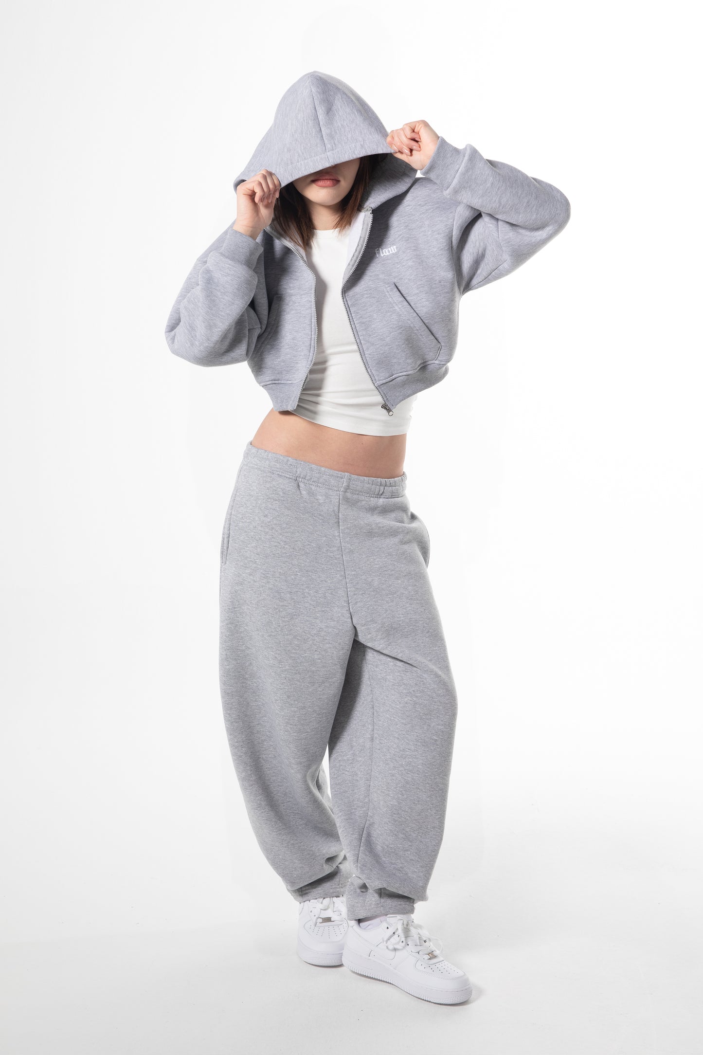 Flaw Embroidered Grey Melange Zip Crop