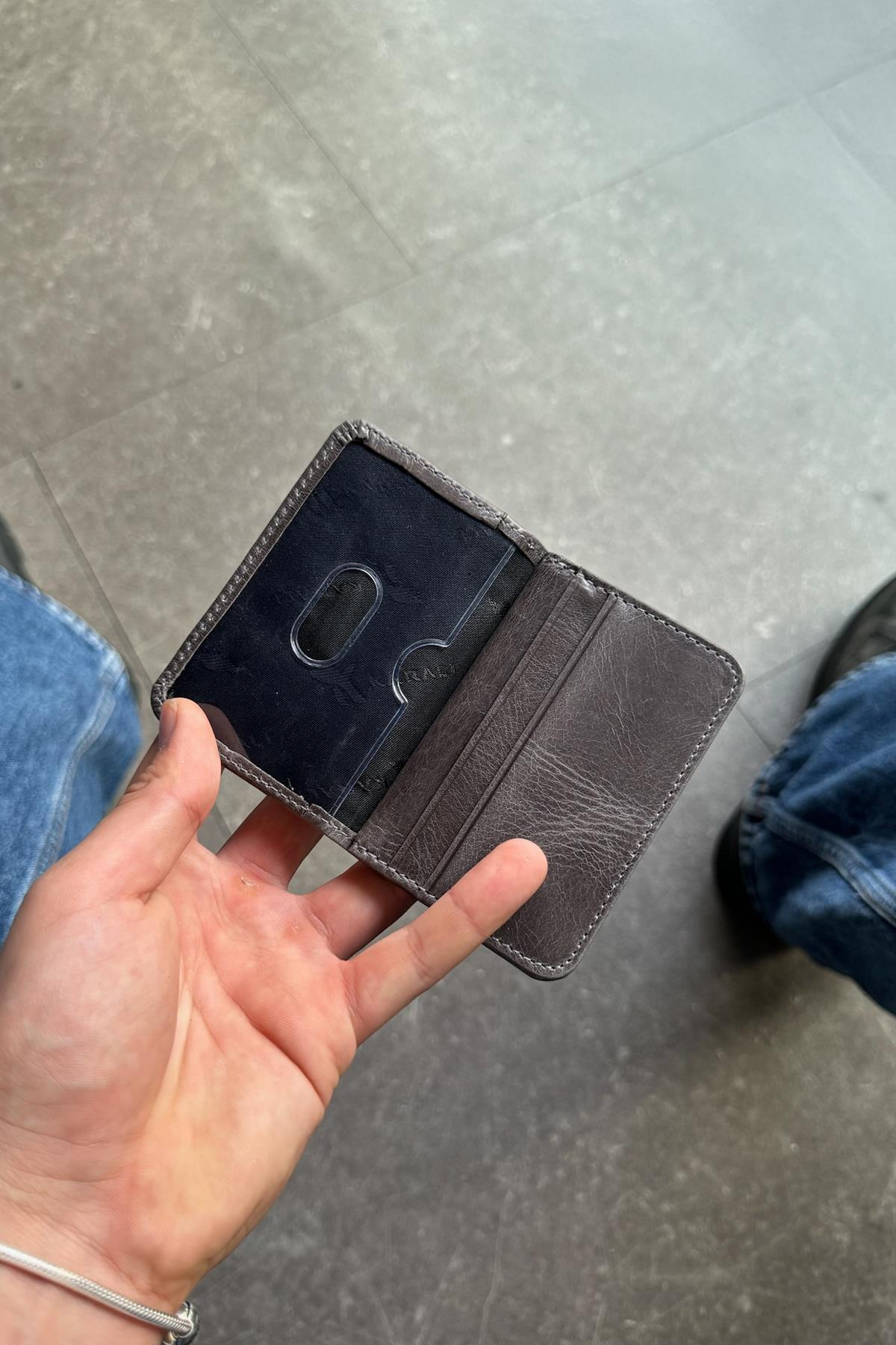Genuine Leather Oval Mica Grey Card Holder Wallet