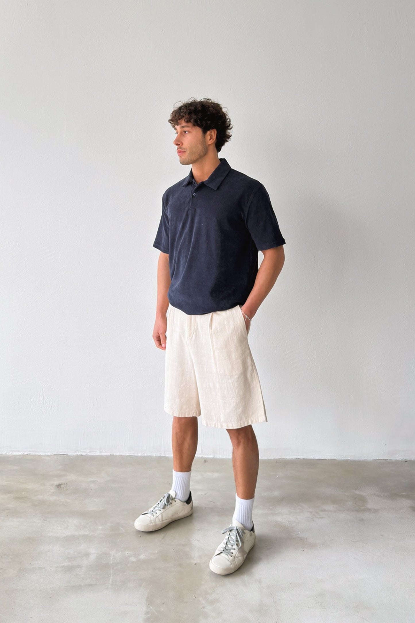 Terry Cloth Polo Collar Button-Down T-Shirt