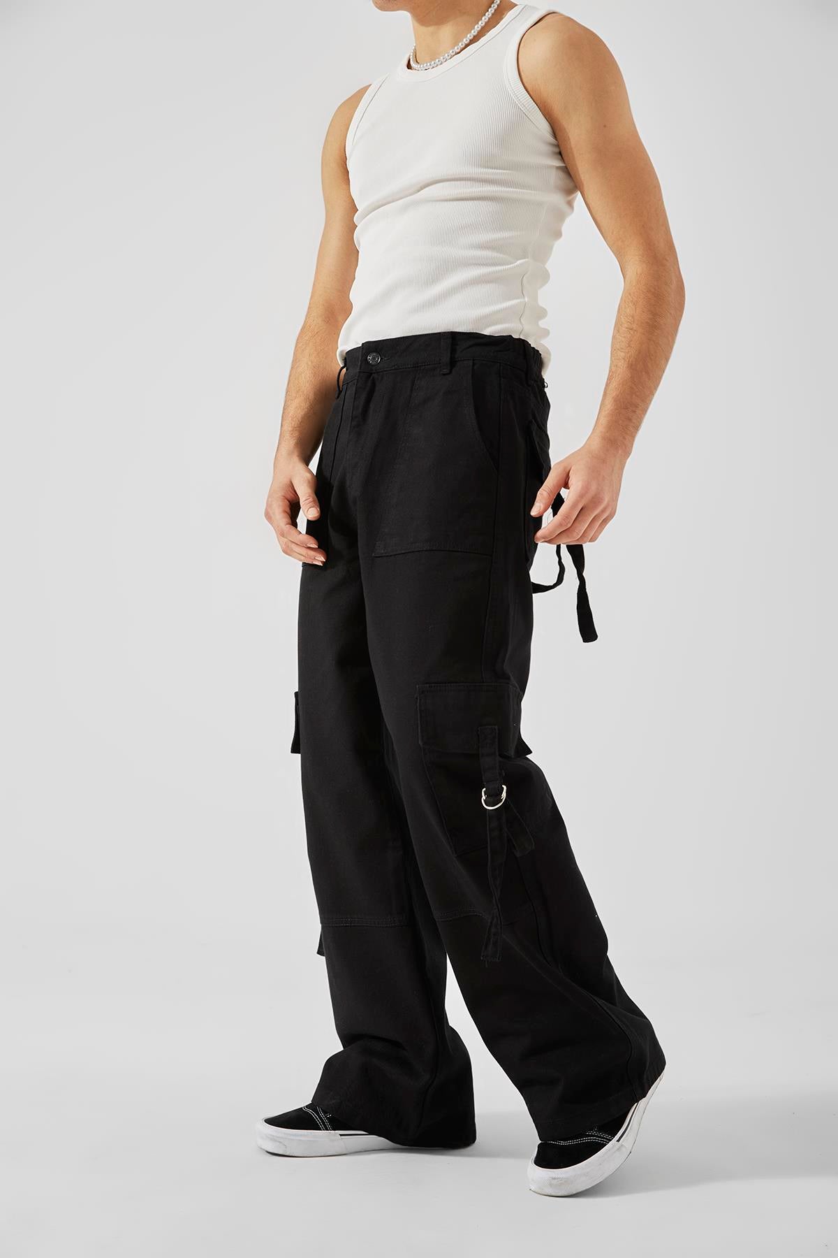 Cargo Pocket Detail Black Baggy Jeans