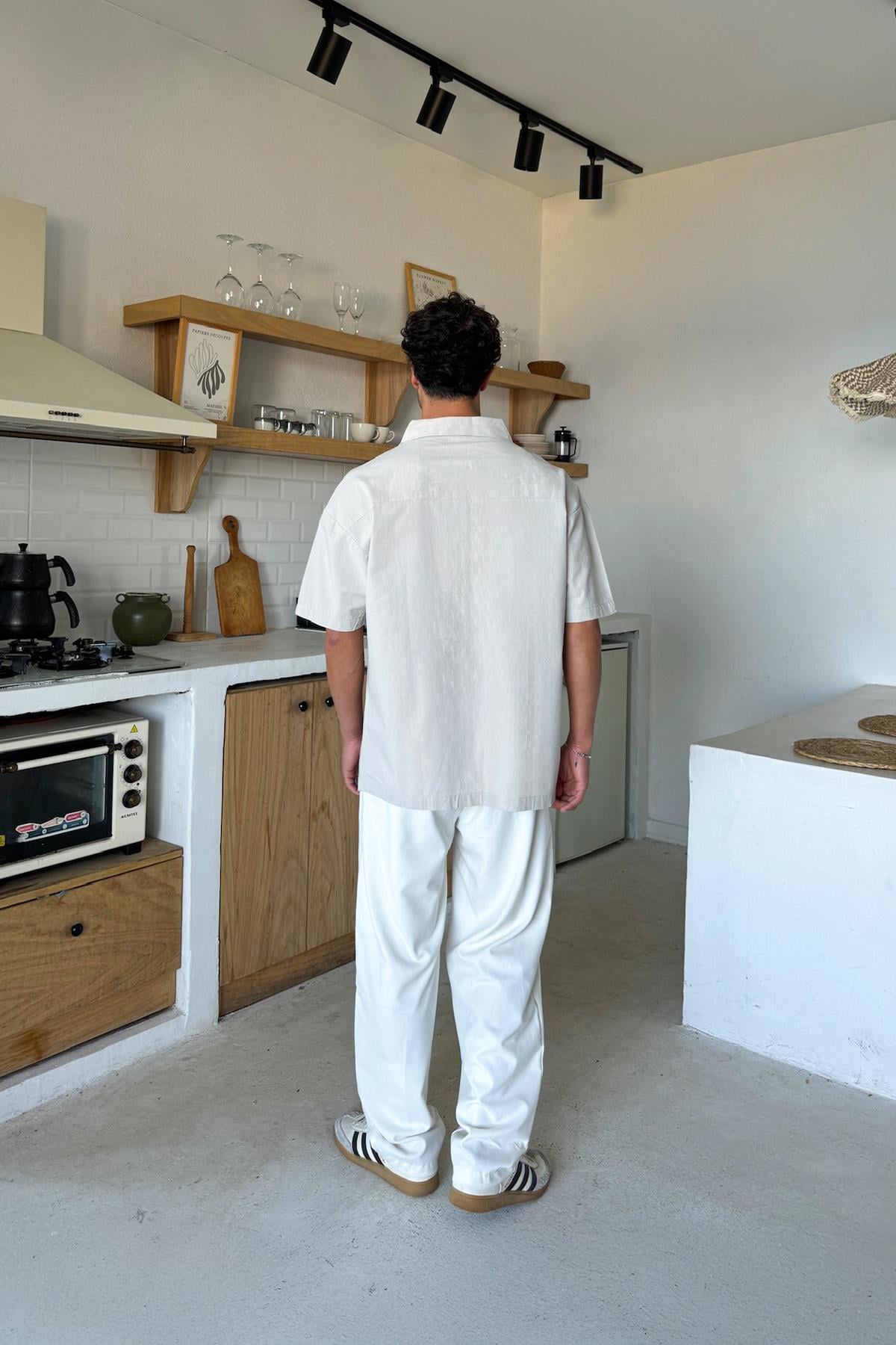 Linen Oversize Short-Sleeve Shirt, Stone Color