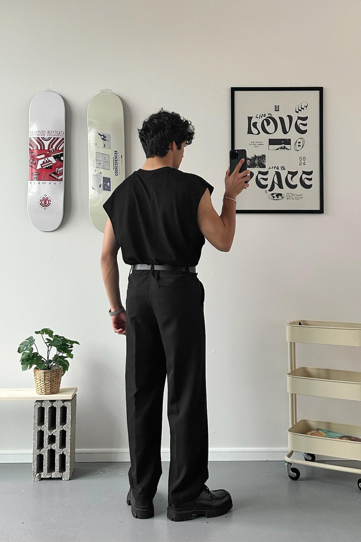 Old Money Extra Comfortable Baggy Fit Fabric Trousers Black
