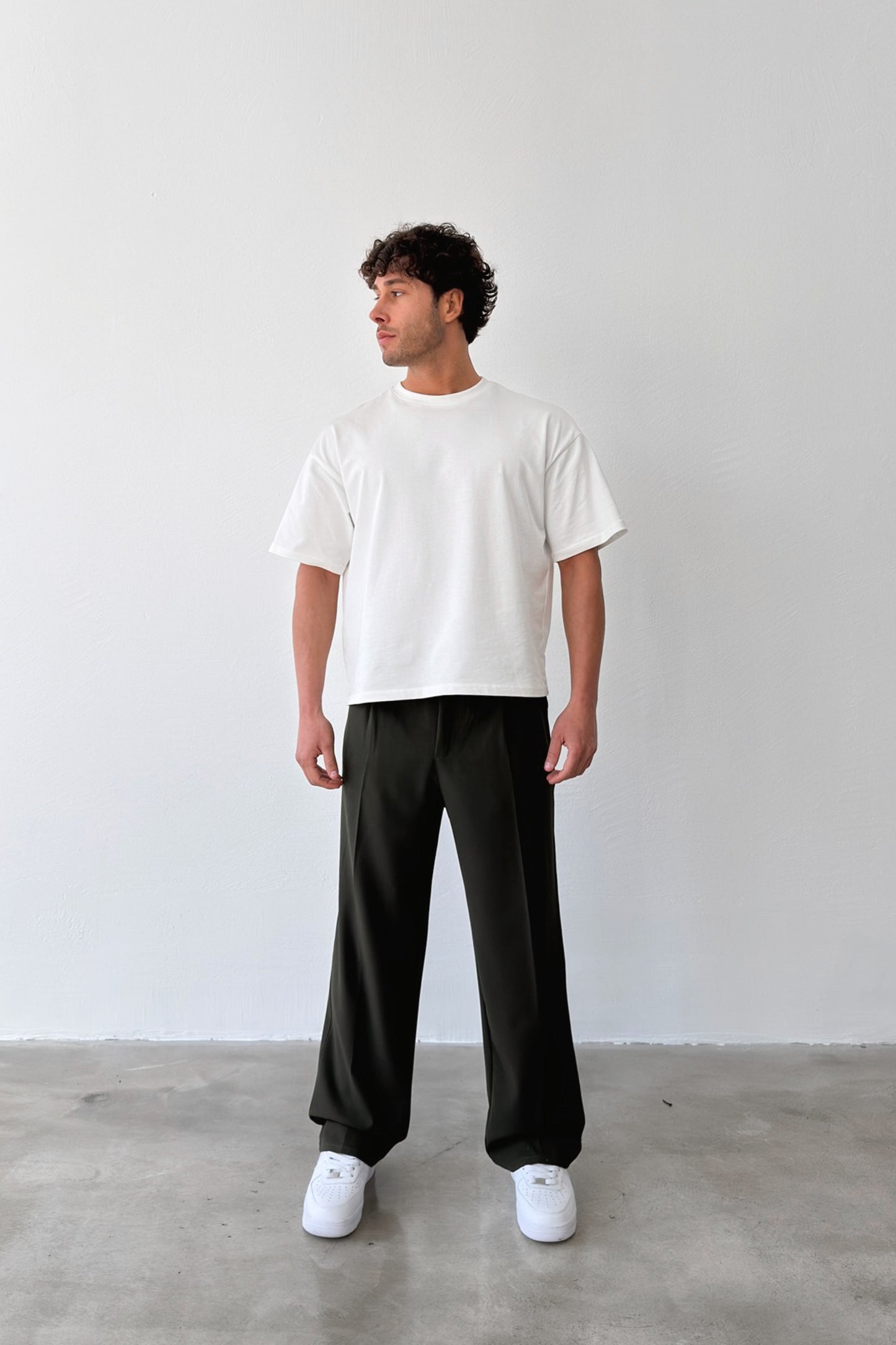 Pleated Baggy Fit Fabric Green Trousers