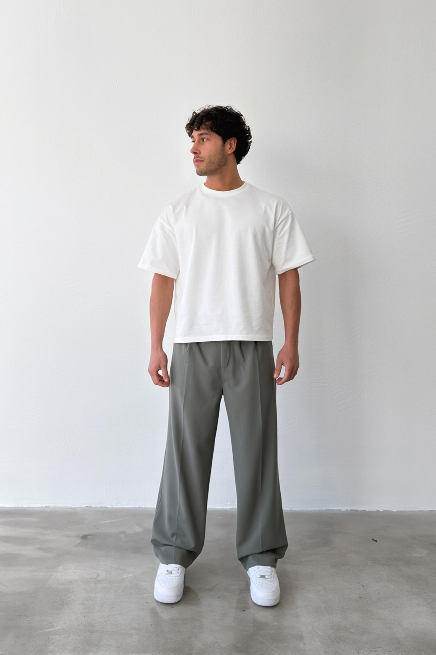 Pleated Baggy Fit Fabric Light Green Trousers