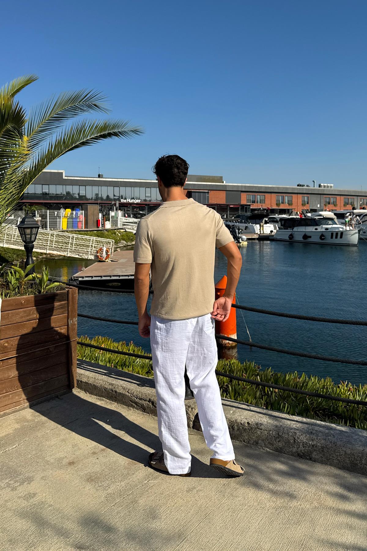 Polo Collar Striped Knit T-Shirt Beige