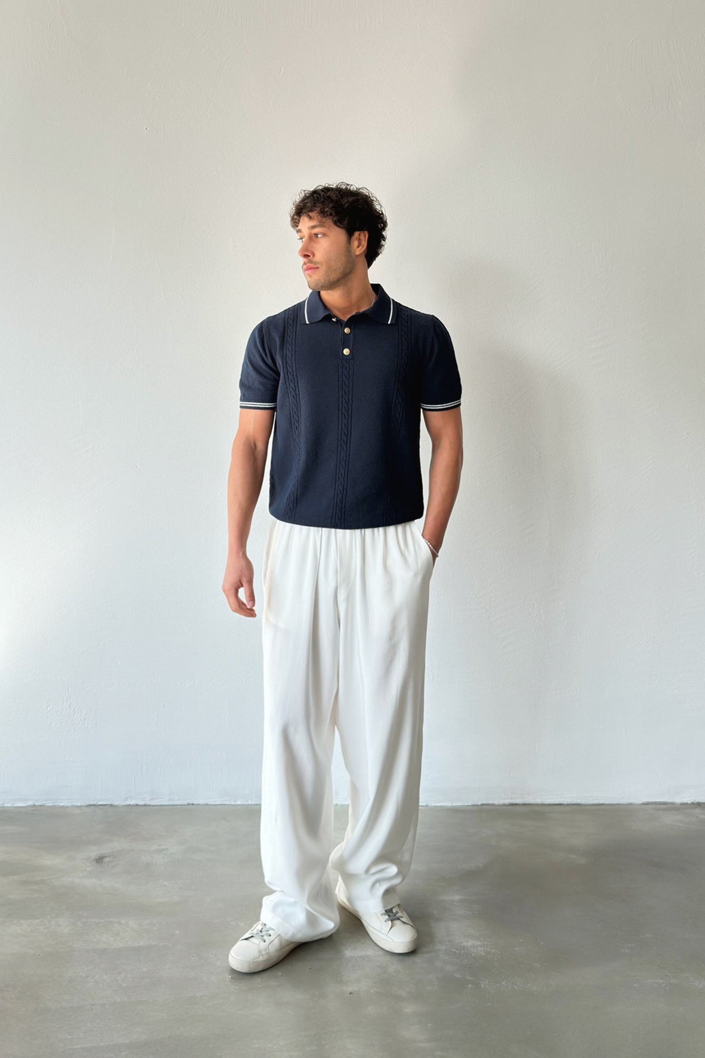 Relaxed Fit Baggy Pants with Elastic Waistband White