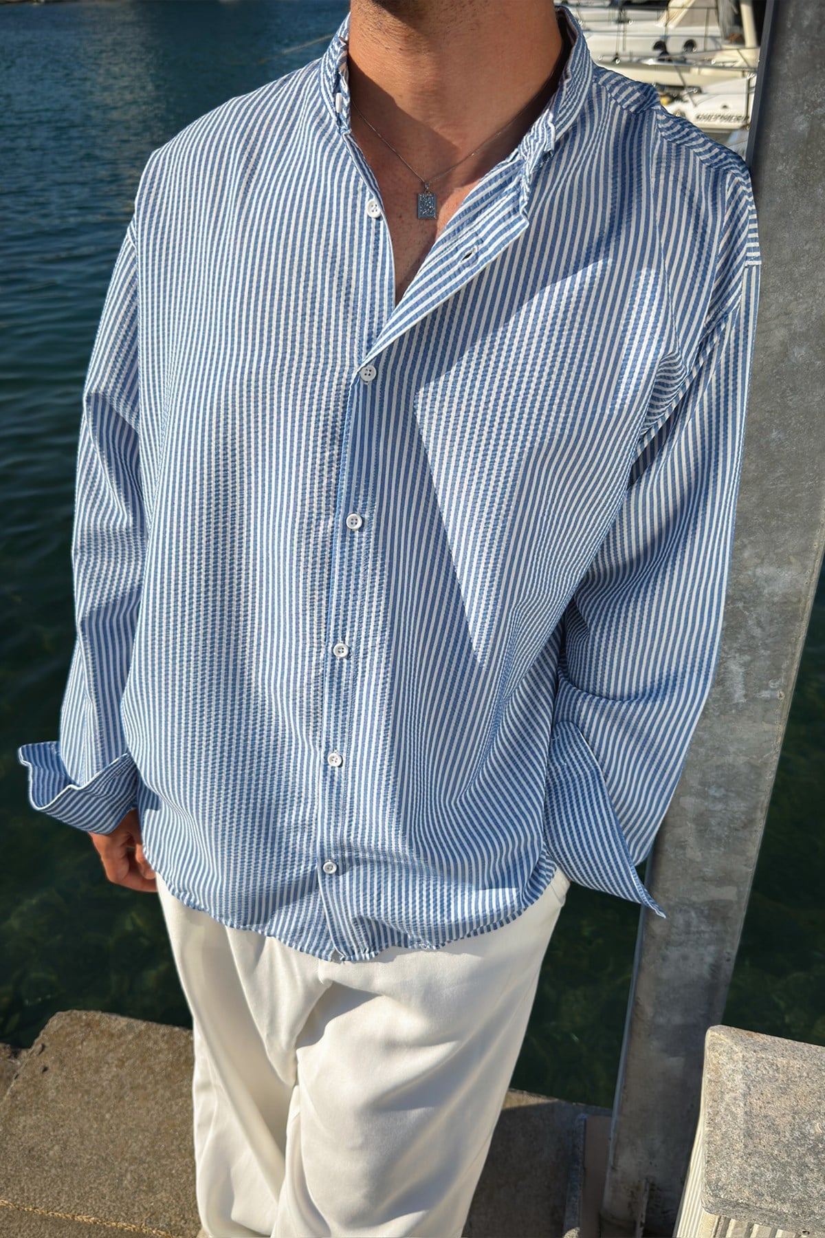 Solar Stripes Navy Blue Waffle Striped Shirt