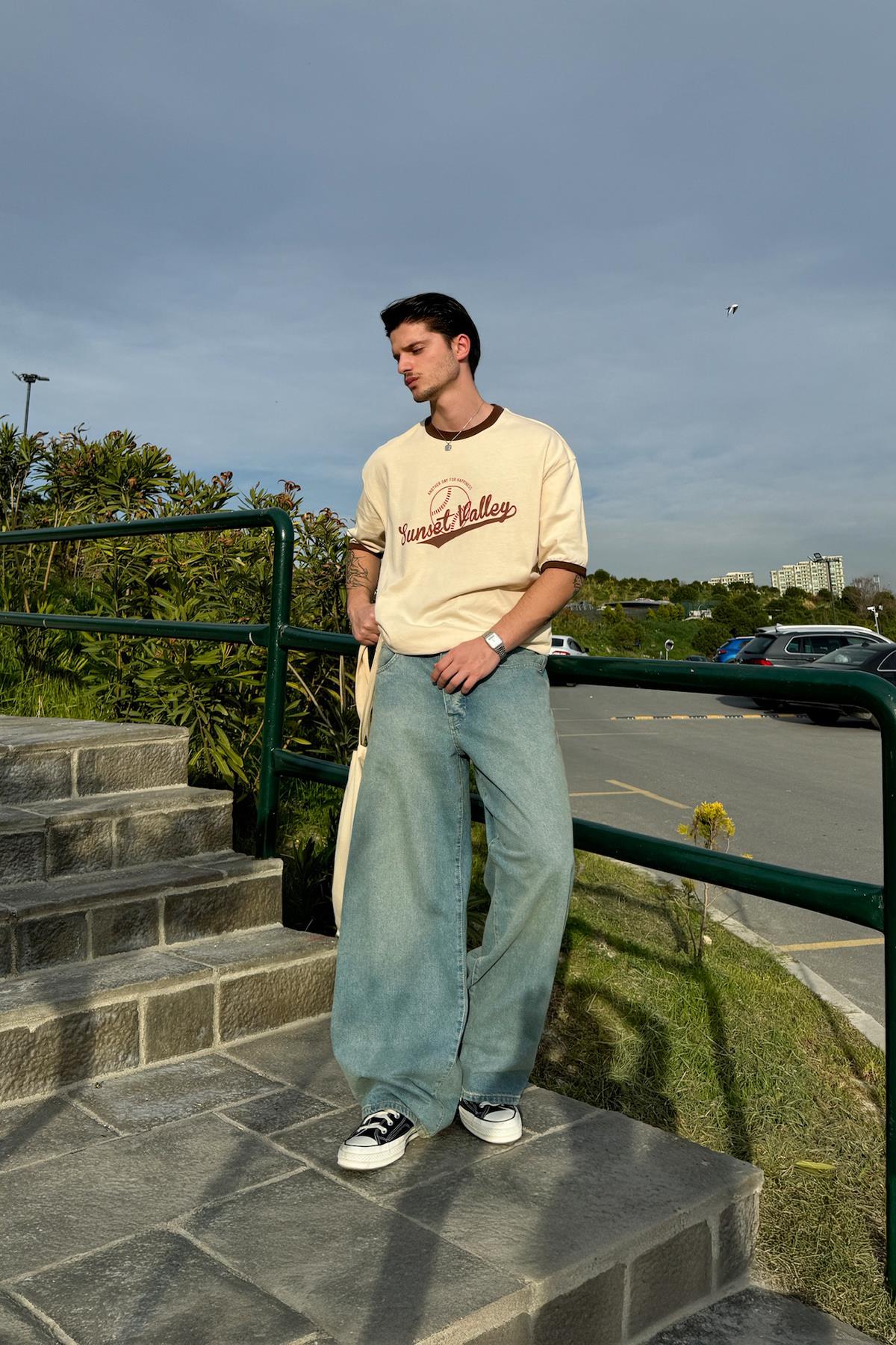 Sunset Valley Printed Oversize T-Shirt Beige