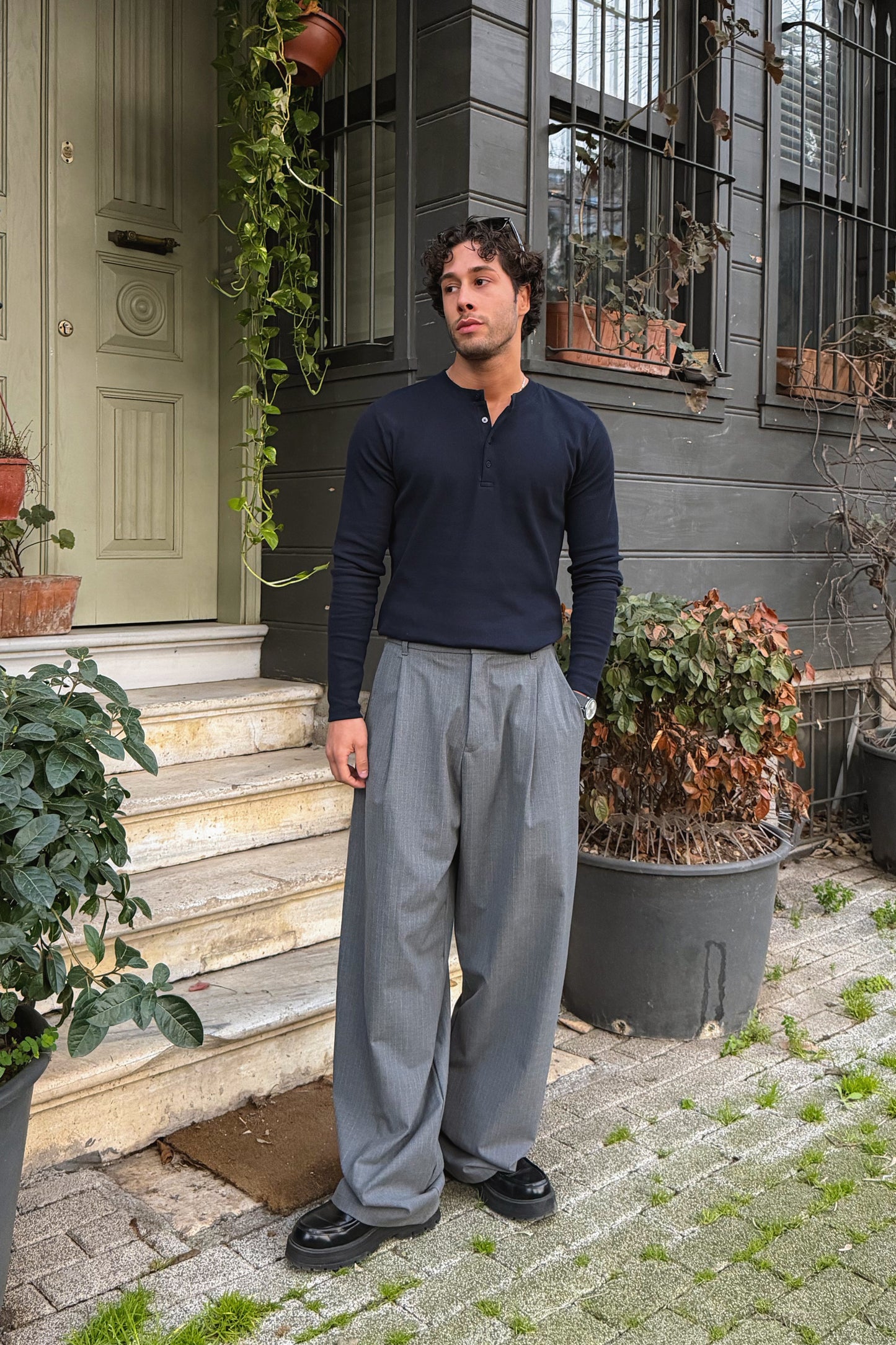Long-sleeved button-down T-shirt