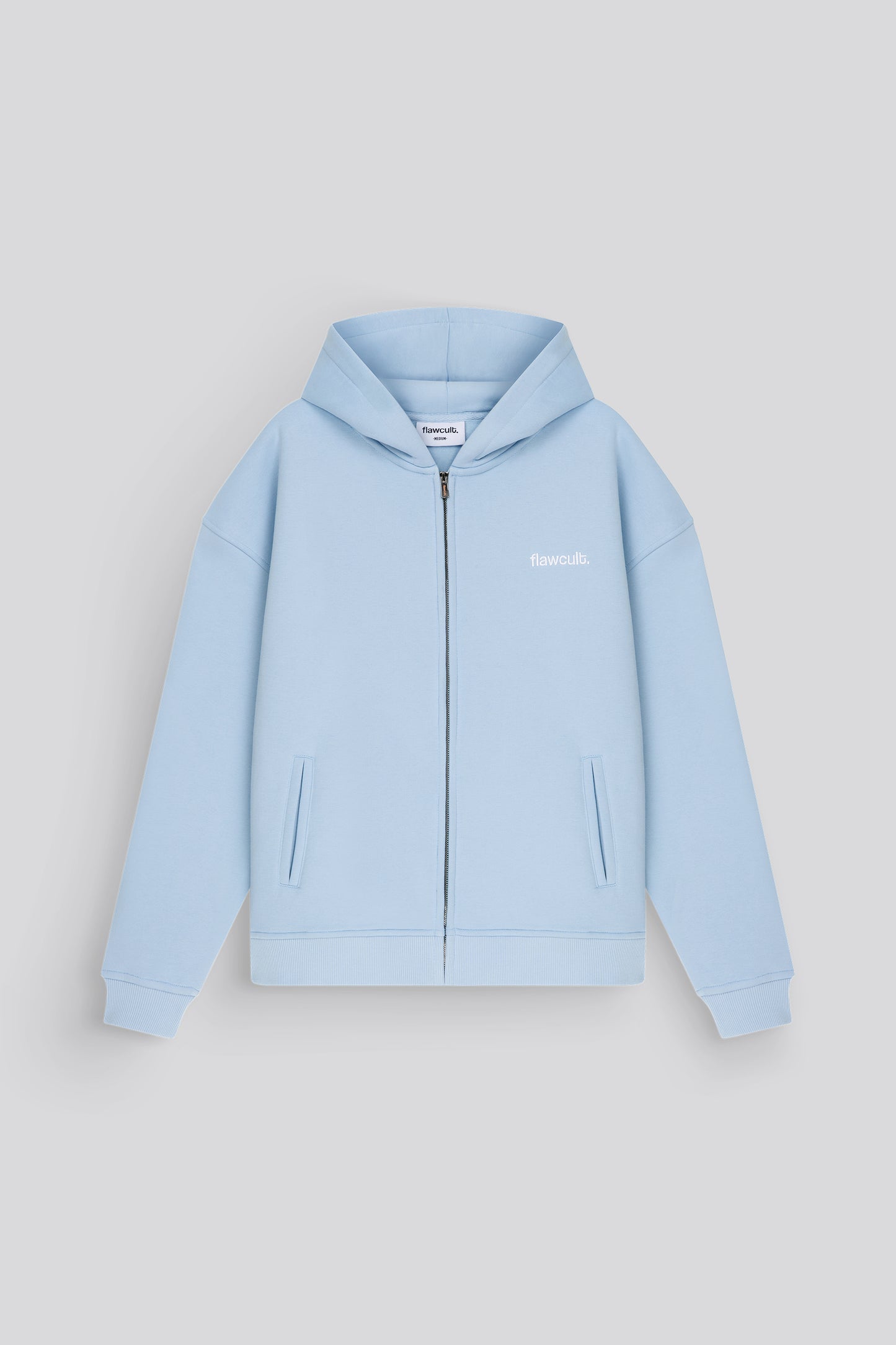 Flawcult bestickter babyblauer Kapuzenpullover mit Reißverschluss