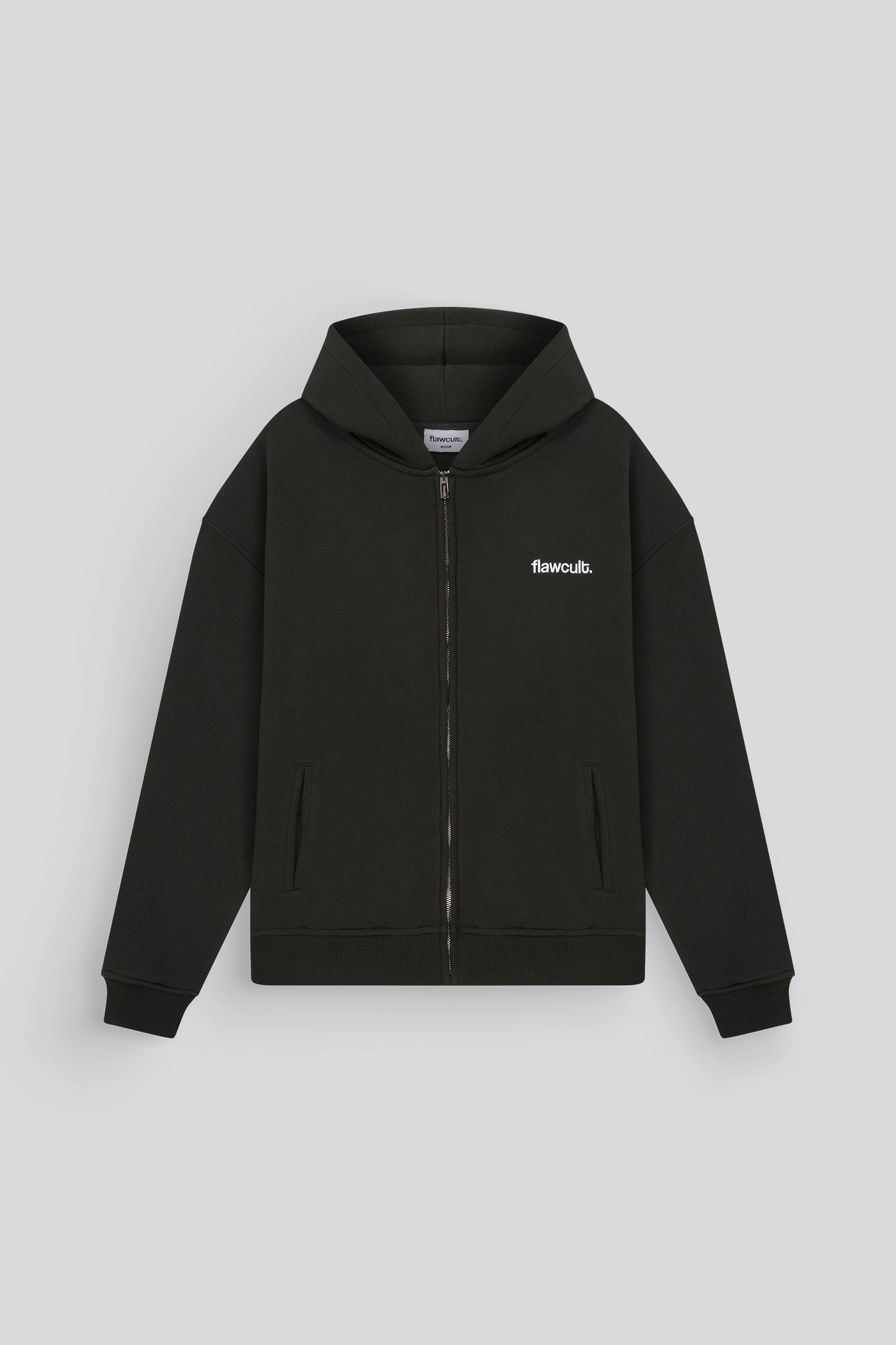 Flawcult bestickter anthrazitfarbener Kapuzenpullover mit Reißverschluss