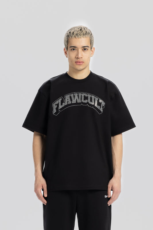 Flaw Cult glitzerndes bedrucktes schwarzes T-Shirt