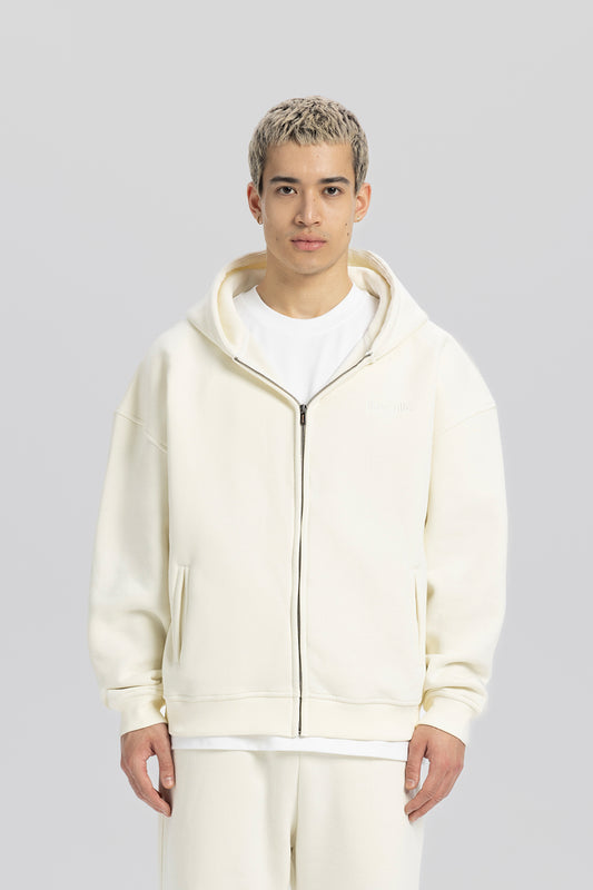 Flawcult bestickter beigefarbener Kapuzenpullover mit Reißverschluss