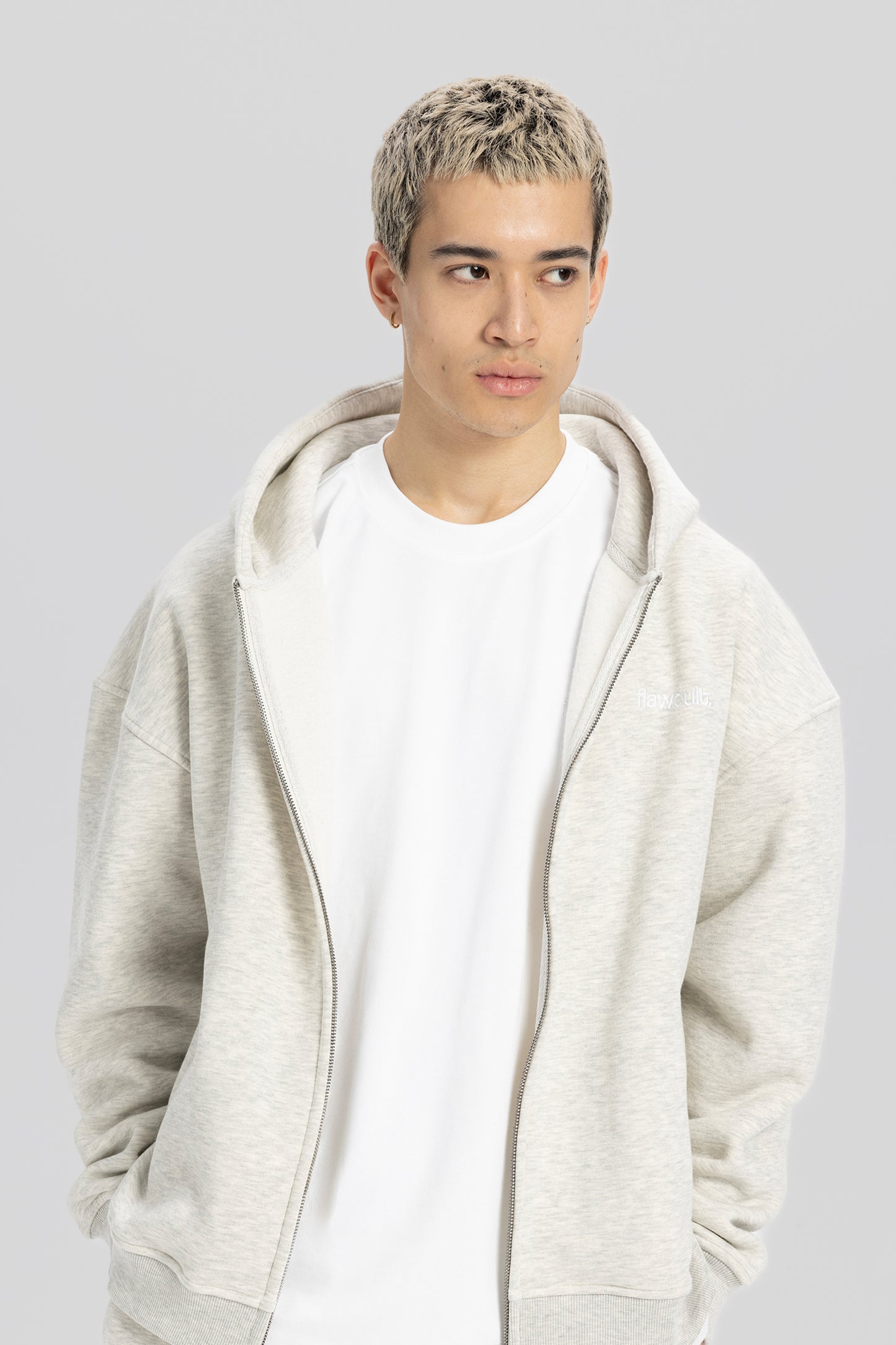 Flawcult bestickter grauer Kapuzenpullover mit Reißverschluss