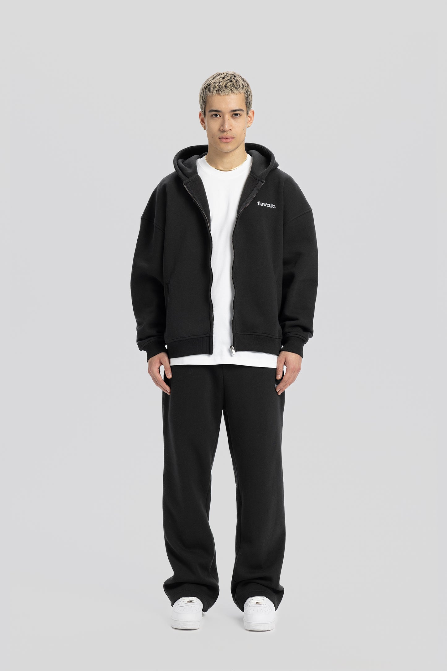 Flawcult bestickter anthrazitfarbener Kapuzenpullover mit Reißverschluss