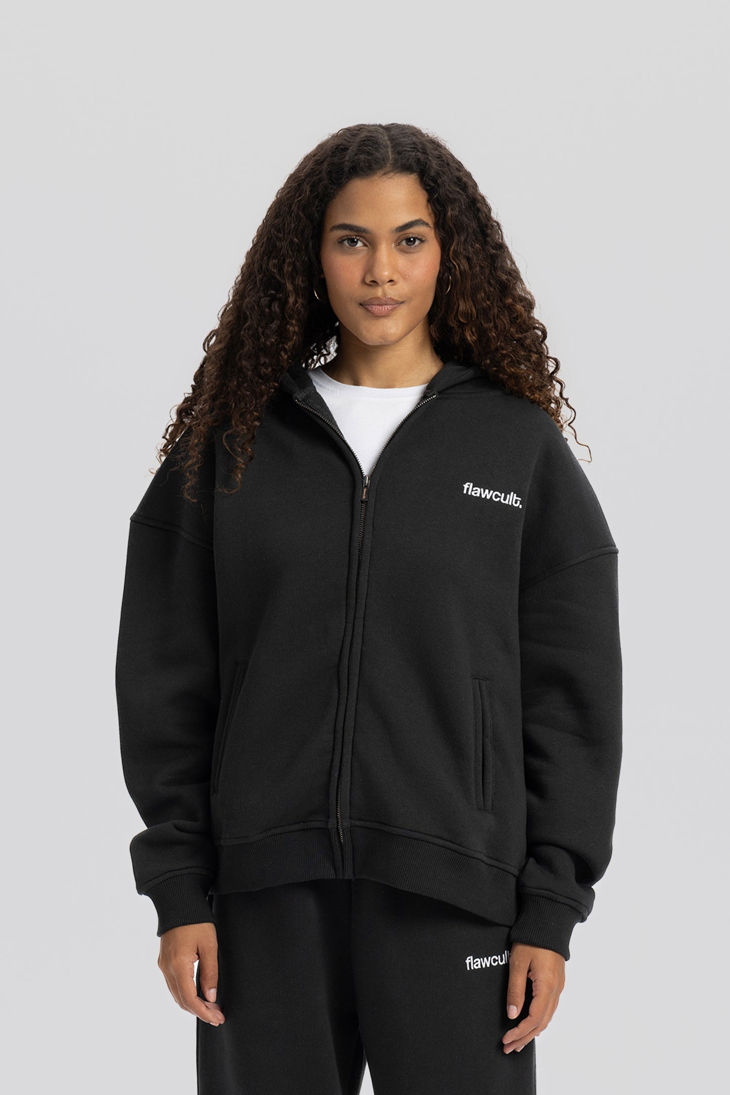 Flawcult bestickter anthrazitfarbener Kapuzenpullover mit Reißverschluss