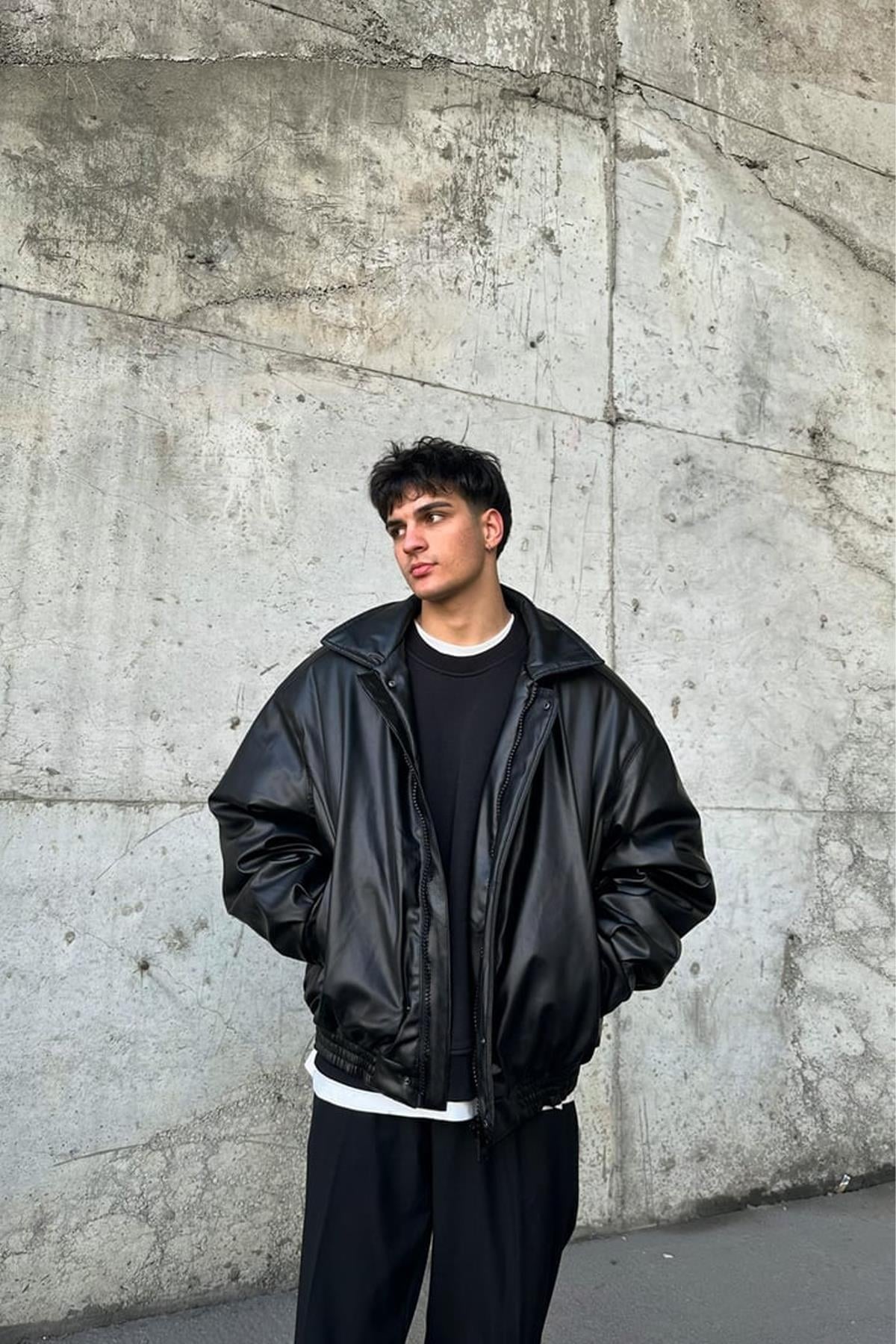 90's Vintage Style Leather Jacket, Black