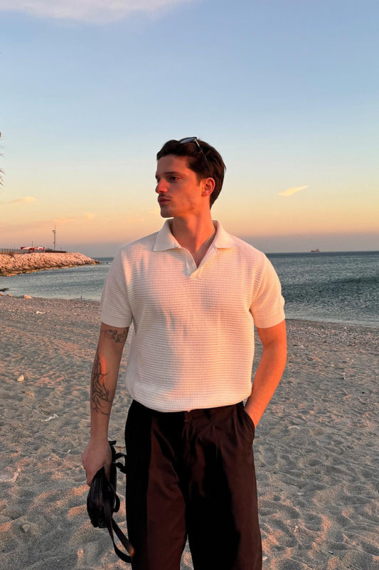 Openwork Patterned Knit Polo Shirt, Ecru