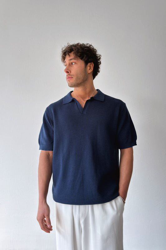 Openwork Patterned Knit Polo Shirt Navy Blue