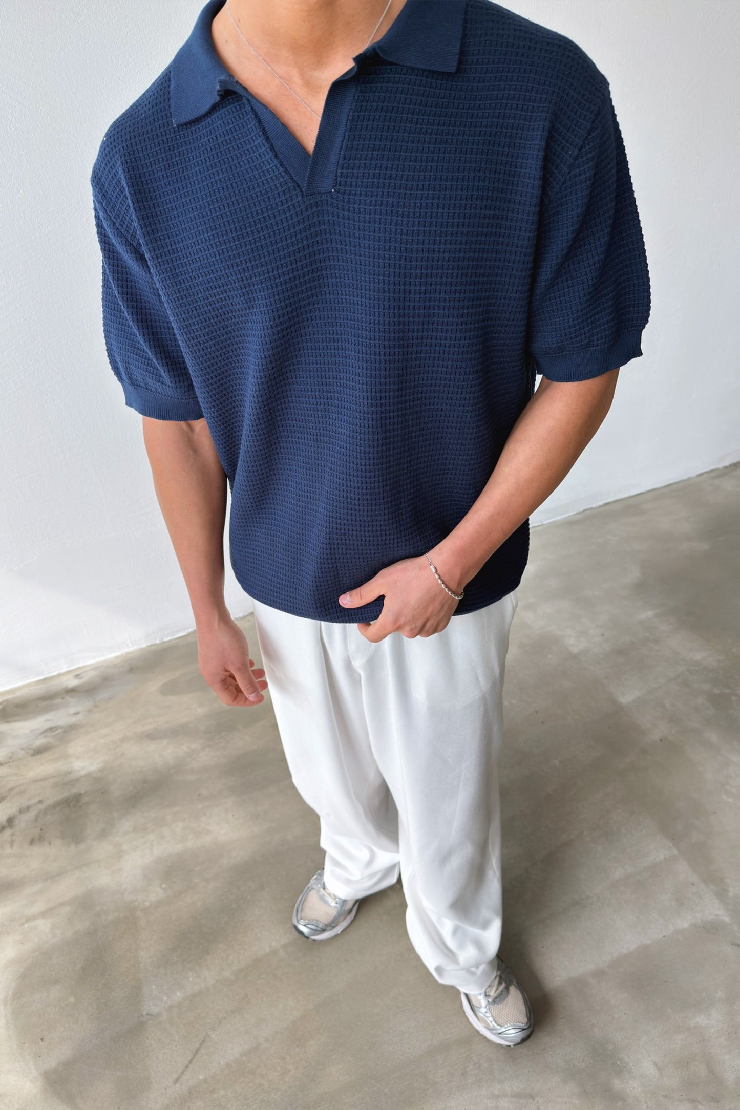 Openwork Patterned Knit Polo Shirt Navy Blue