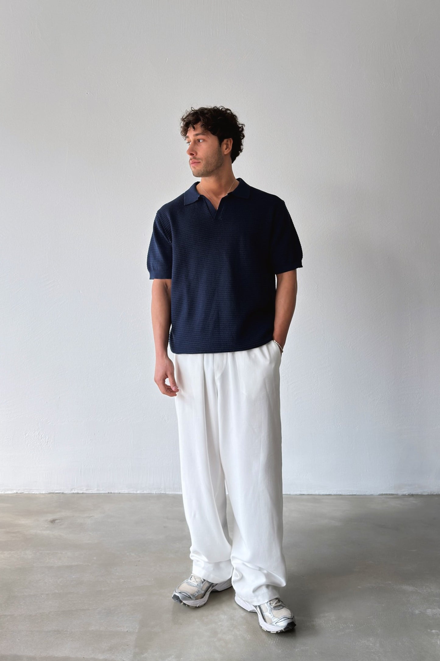 Openwork Patterned Knit Polo Shirt Navy Blue