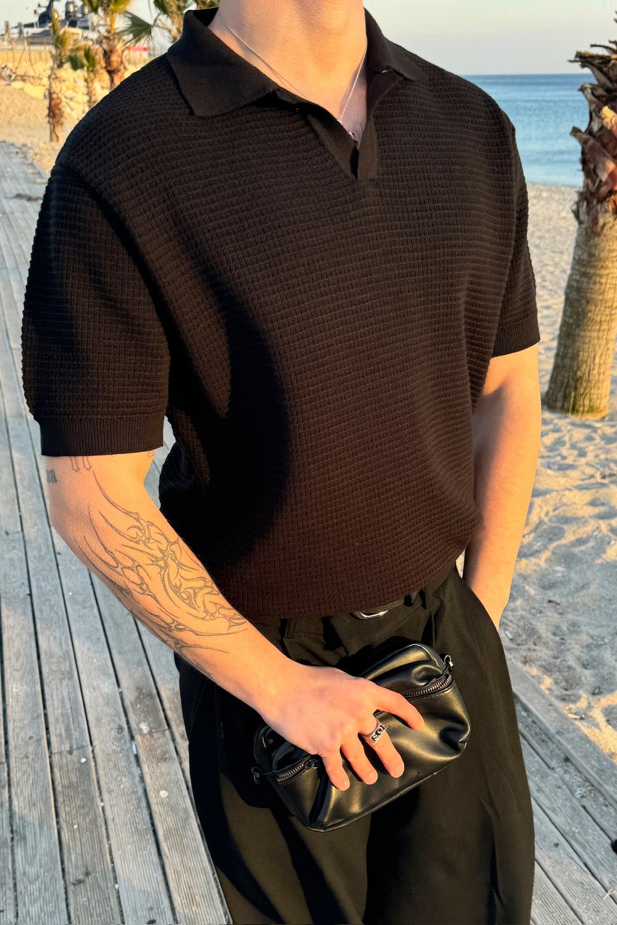 Openwork Patterned Knit Polo Shirt, Black