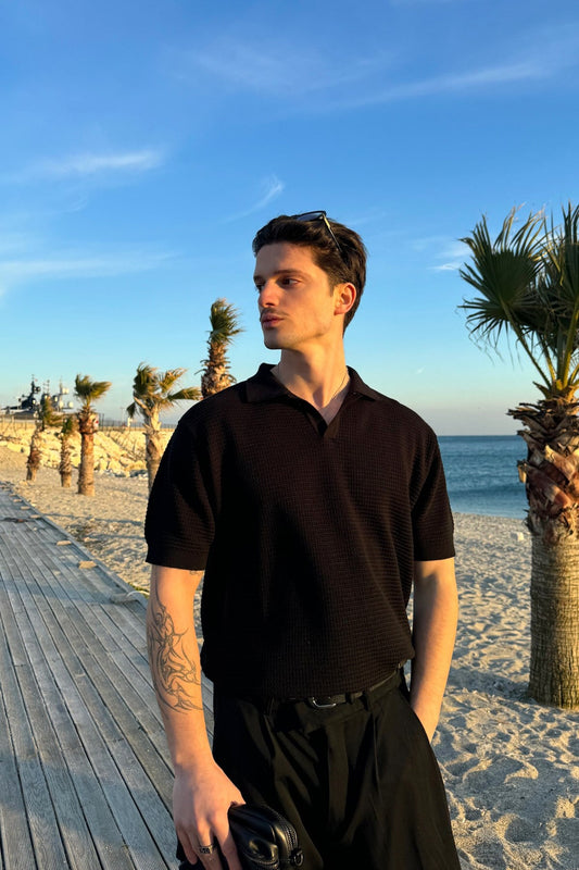 Openwork Patterned Knit Polo Shirt, Black