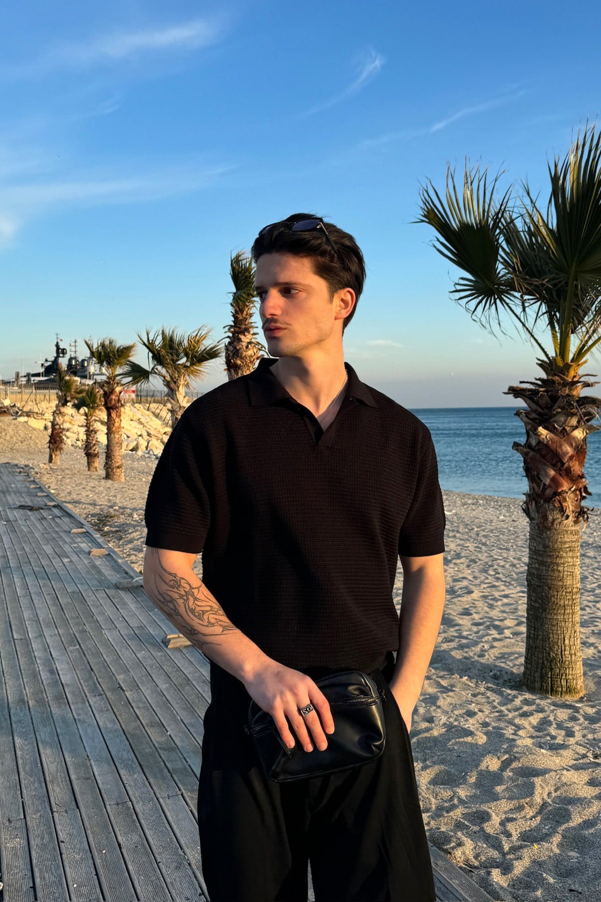 Openwork Patterned Knit Polo Shirt, Black