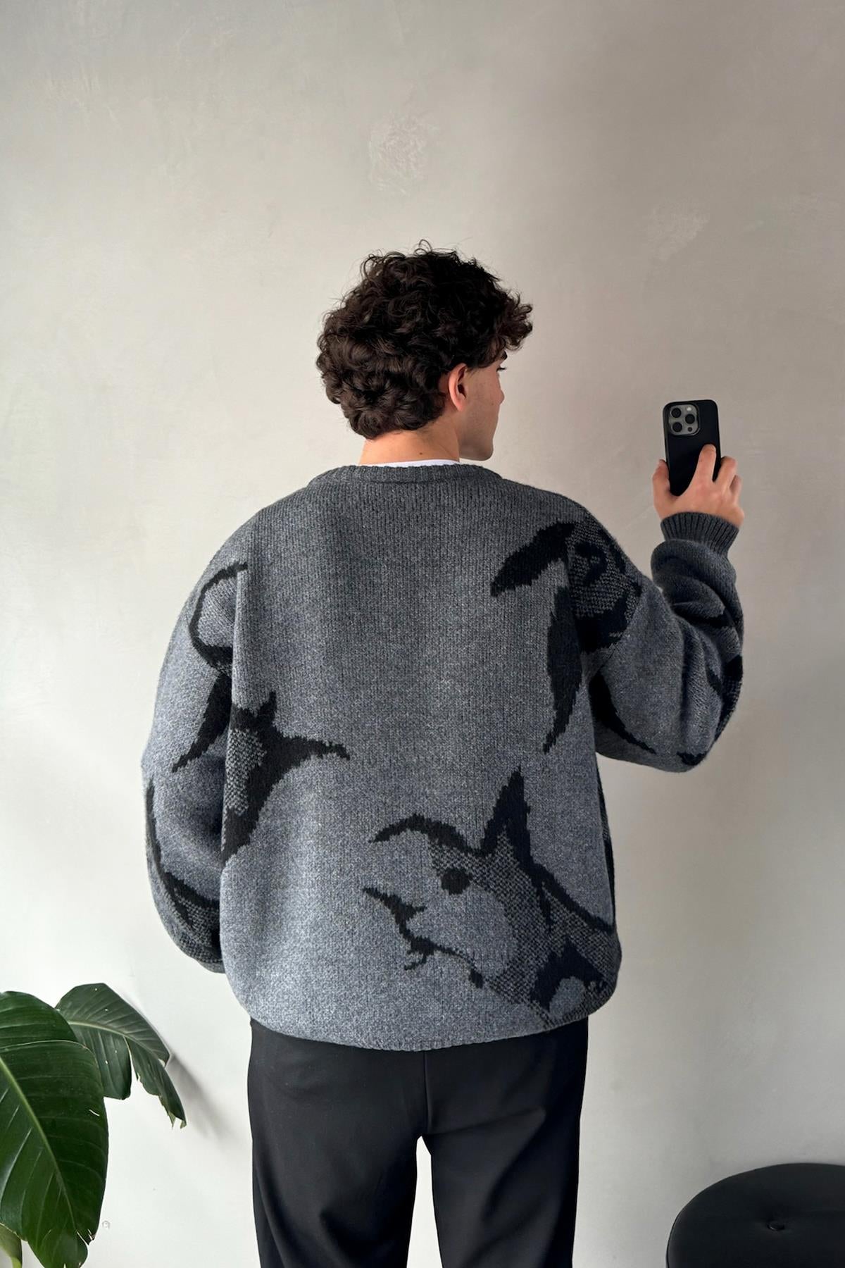 Animal Print Crew Neck Knitted Sweater Anthracite