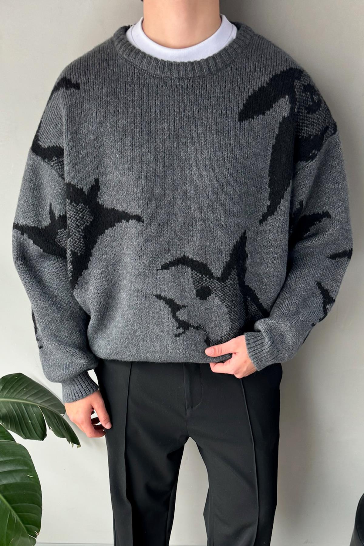 Animal Print Crew Neck Knitted Sweater Anthracite