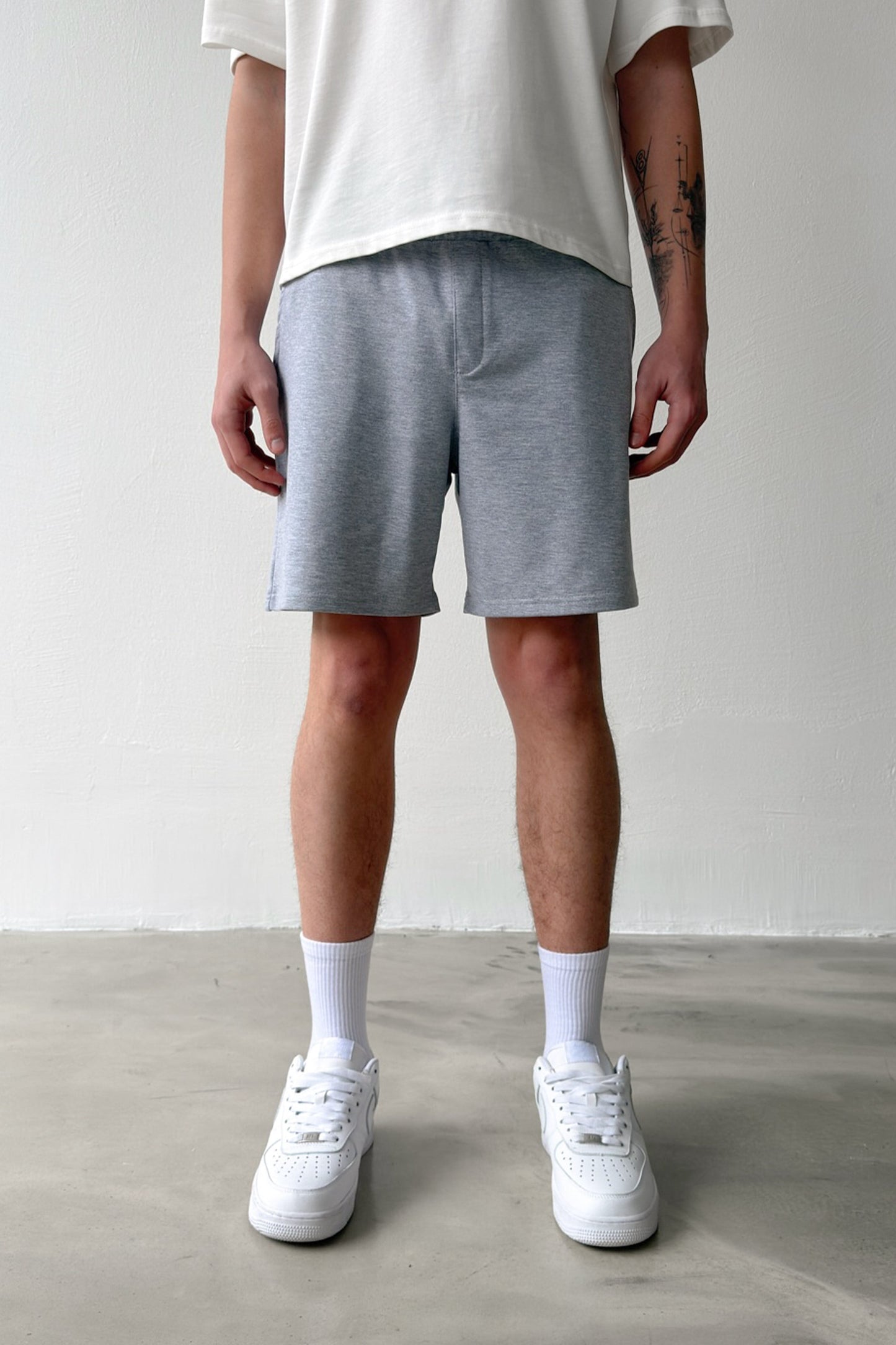 Basic Elastic Waist Grey Melange Shorts